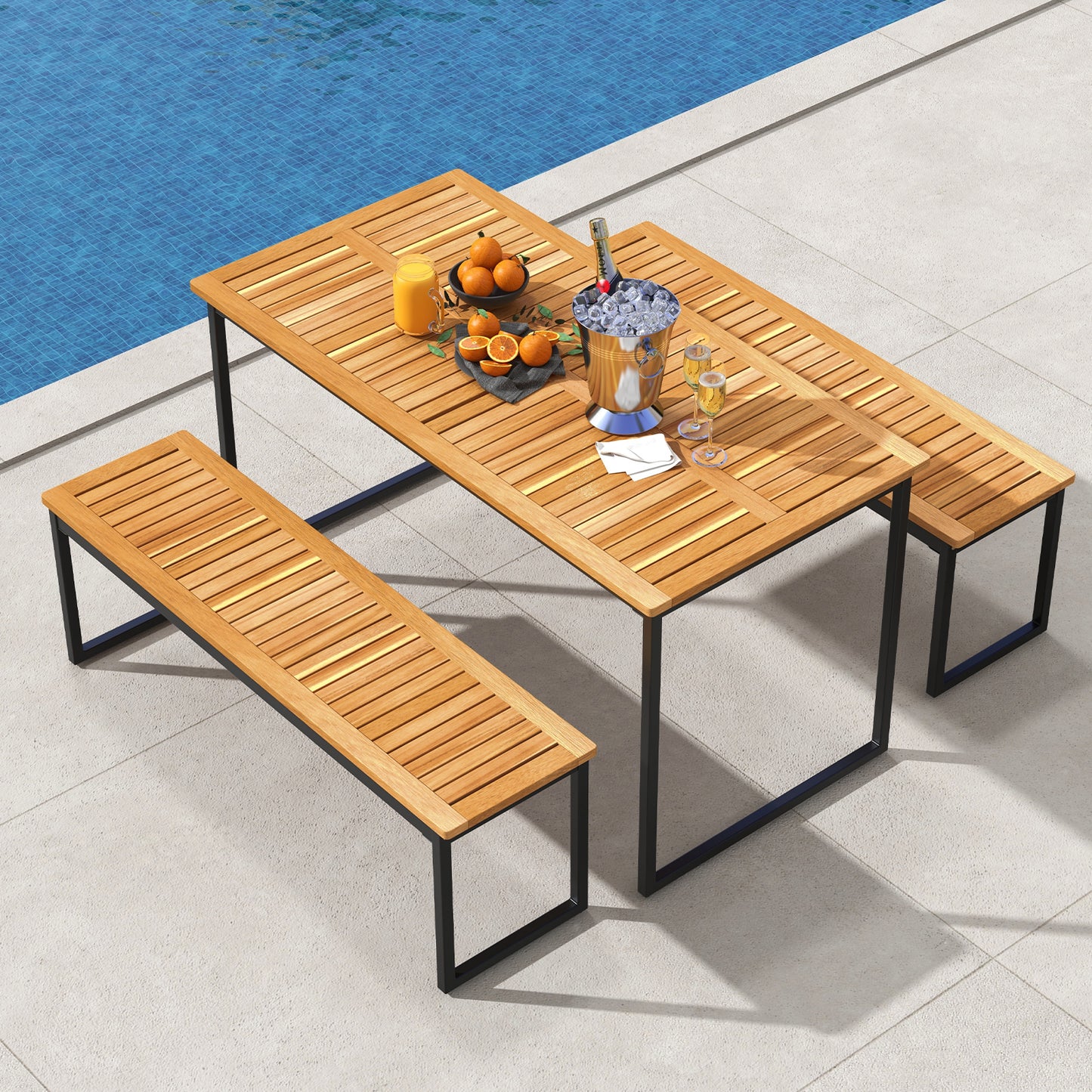 55 Inch Acacia Wood Outdoor Dining Table for 6 with Slatted Top and Umbrella Hole