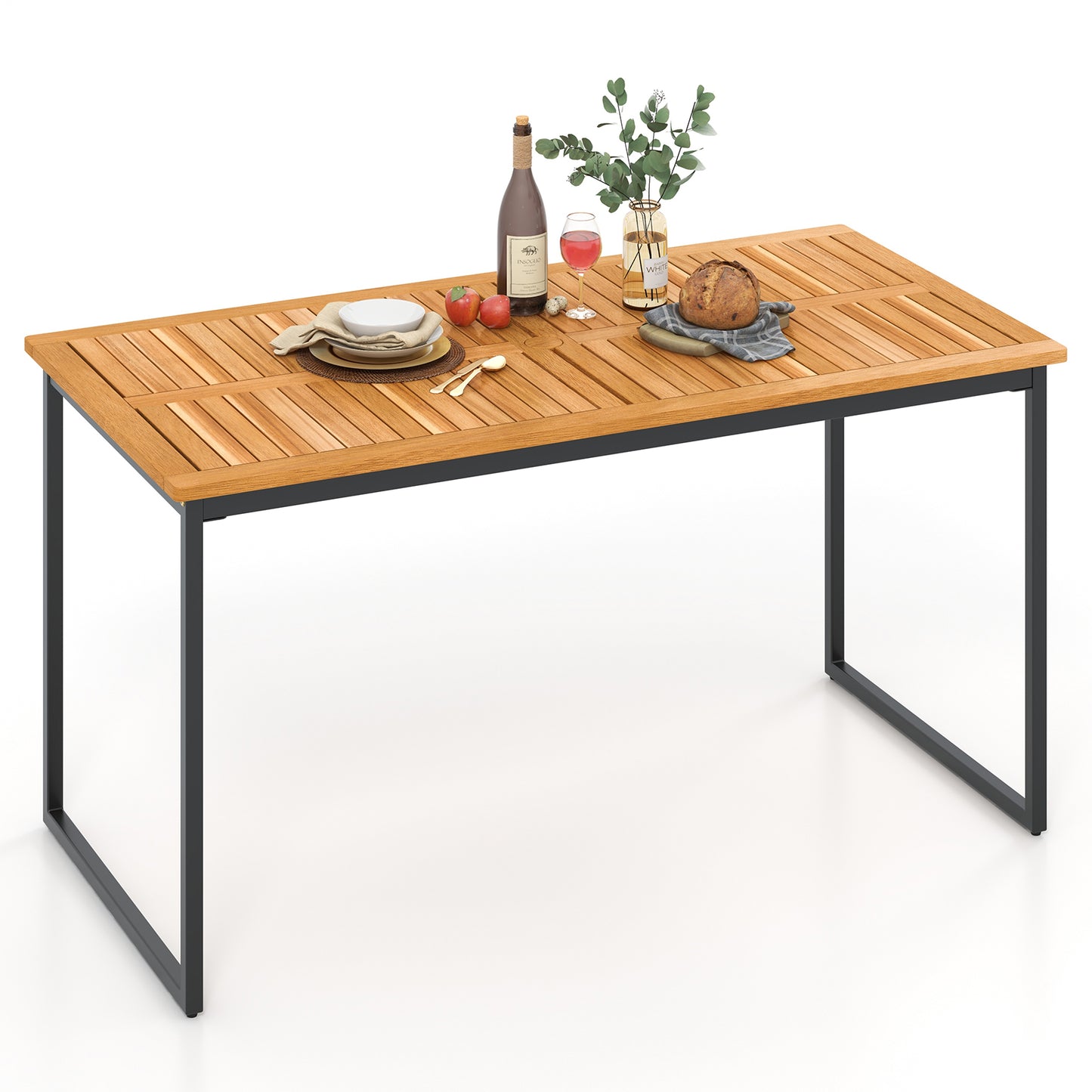 55 Inch Acacia Wood Outdoor Dining Table for 6 with Slatted Top and Umbrella Hole