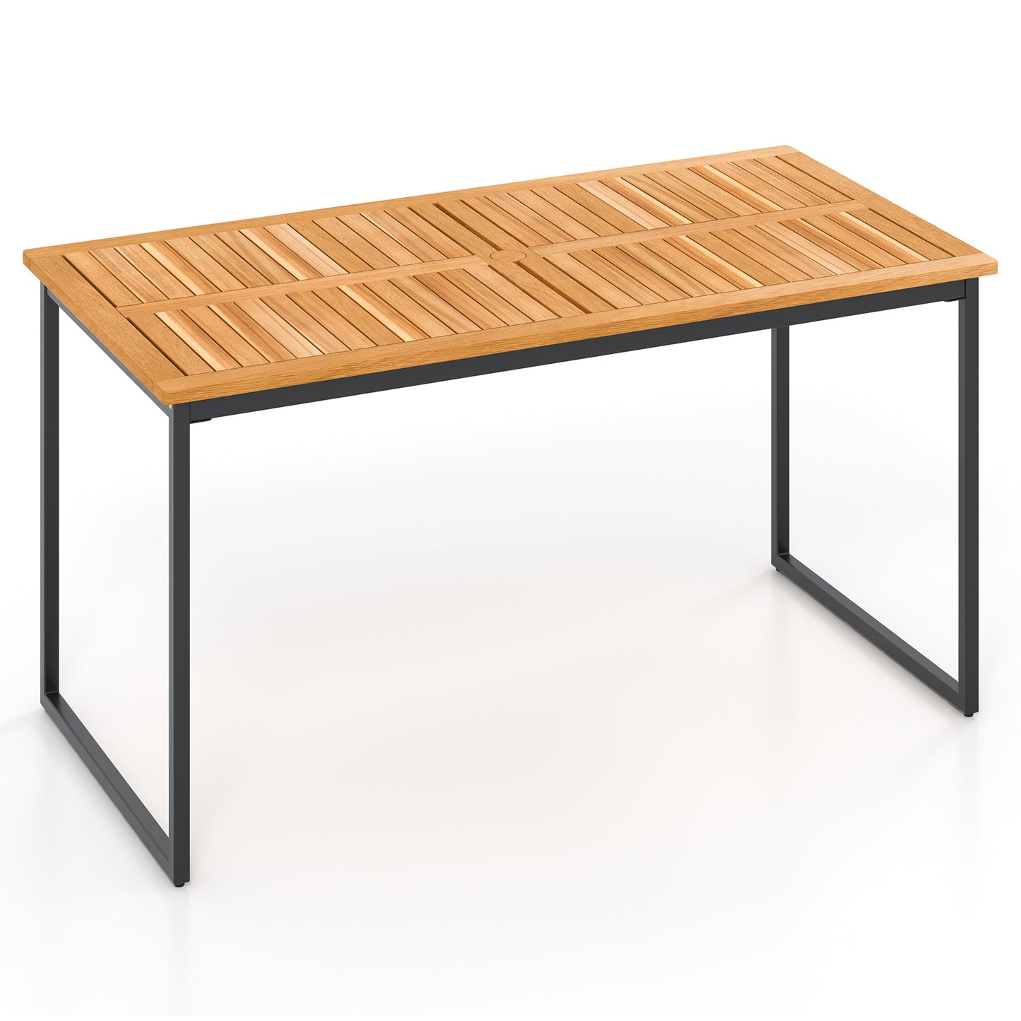 55 Inch Acacia Wood Outdoor Dining Table for 6 with Slatted Top and Umbrella Hole