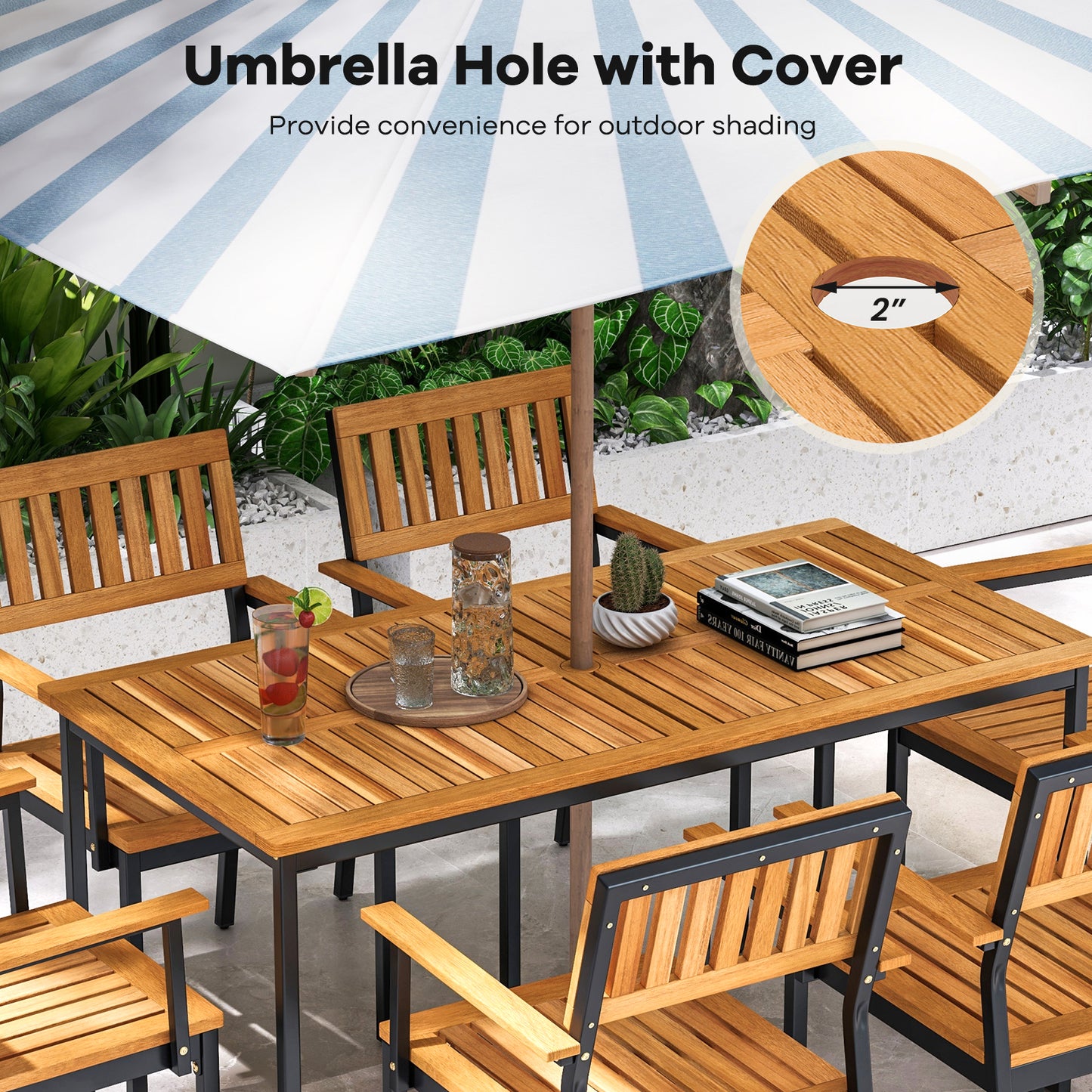 55 Inch Acacia Wood Outdoor Dining Table for 6 with Slatted Top and Umbrella Hole
