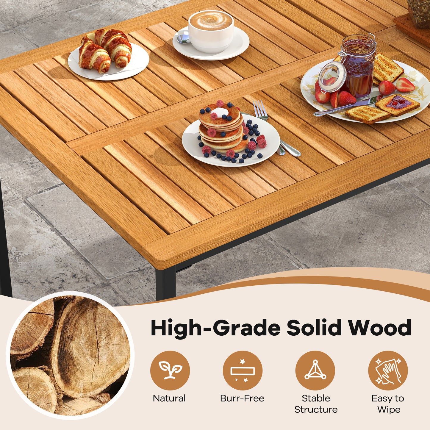 55 Inch Acacia Wood Outdoor Dining Table for 6 with Slatted Top and Umbrella Hole