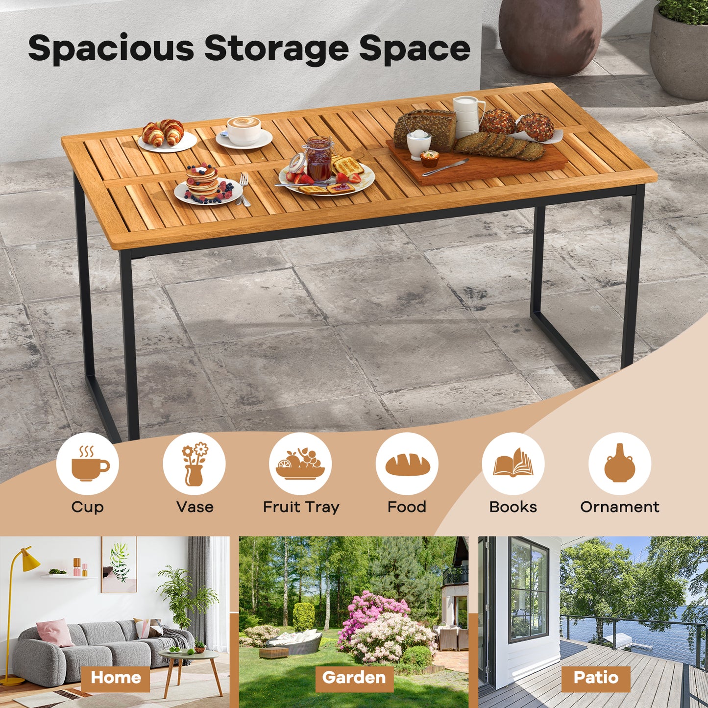 55 Inch Acacia Wood Outdoor Dining Table for 6 with Slatted Top and Umbrella Hole