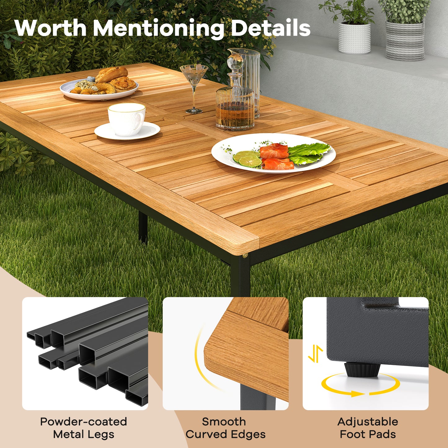 55 Inch Acacia Wood Outdoor Dining Table for 6 with Slatted Top and Umbrella Hole
