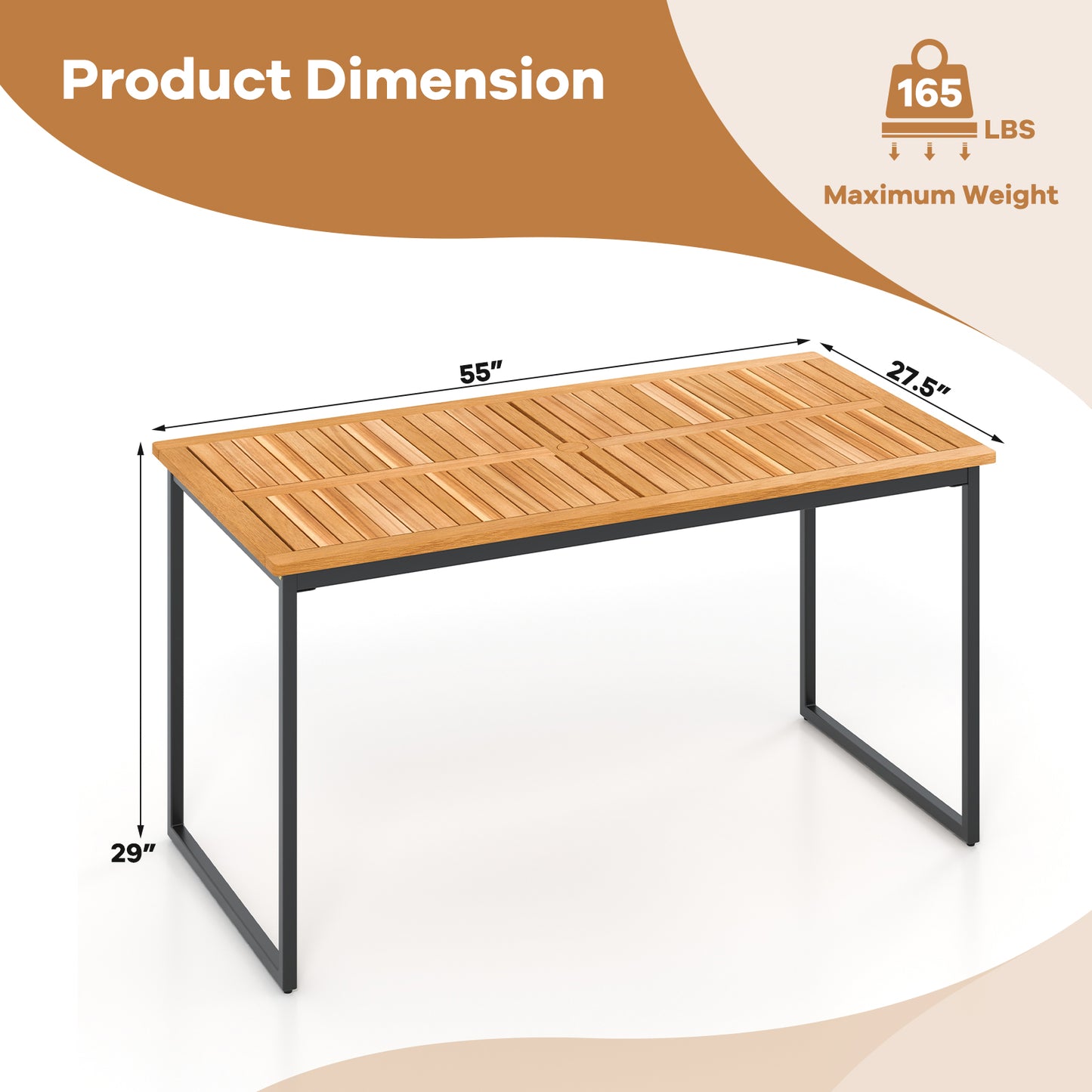 55 Inch Acacia Wood Outdoor Dining Table for 6 with Slatted Top and Umbrella Hole