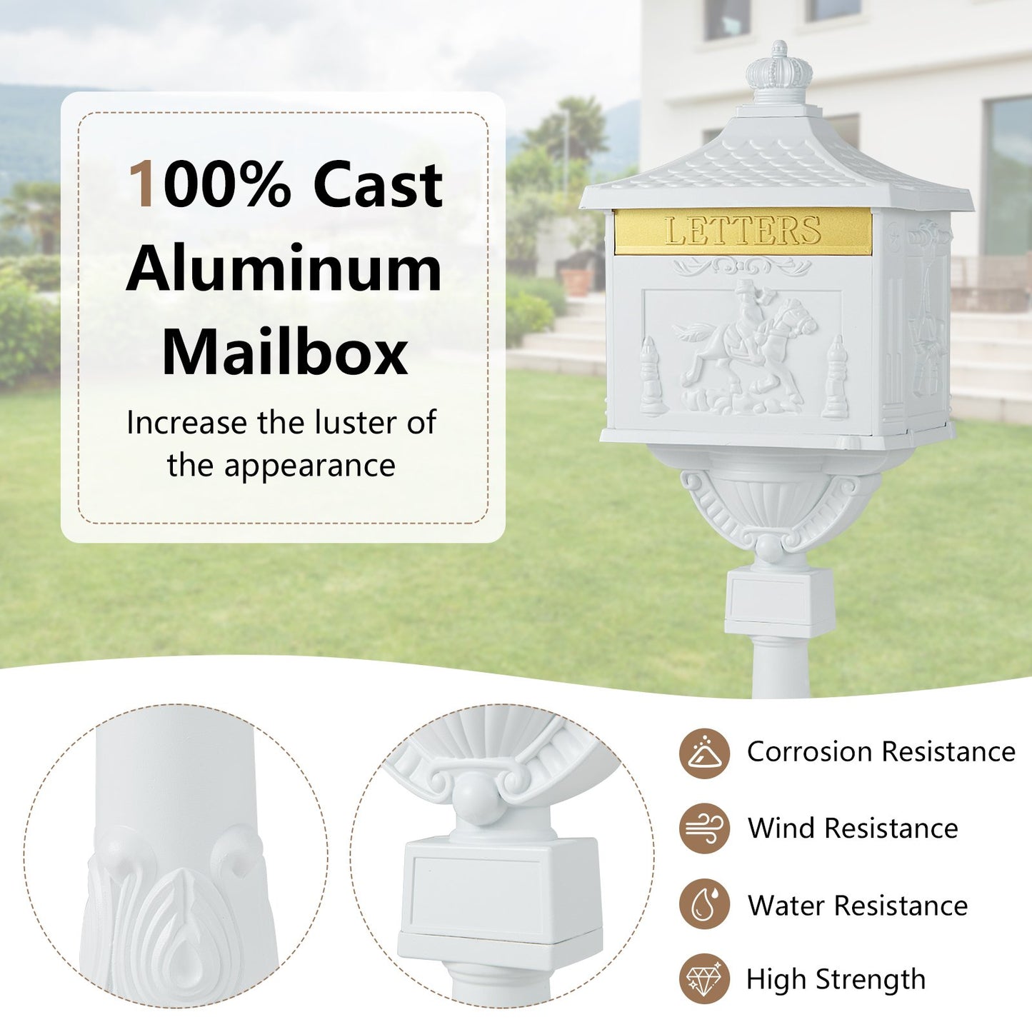 Elegant Retro Cast Aluminum Lockable Mailbox with Baffle Door for Secure Letter Delivery -White