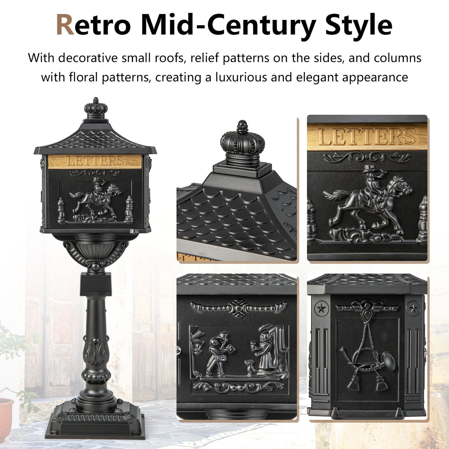 Elegant Retro Cast Aluminum Lockable Mailbox with Baffle Door for Secure Letter Delivery - Black