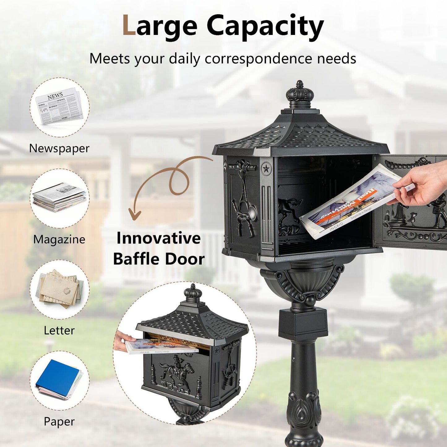 Elegant Retro Cast Aluminum Lockable Mailbox with Baffle Door for Secure Letter Delivery - Black
