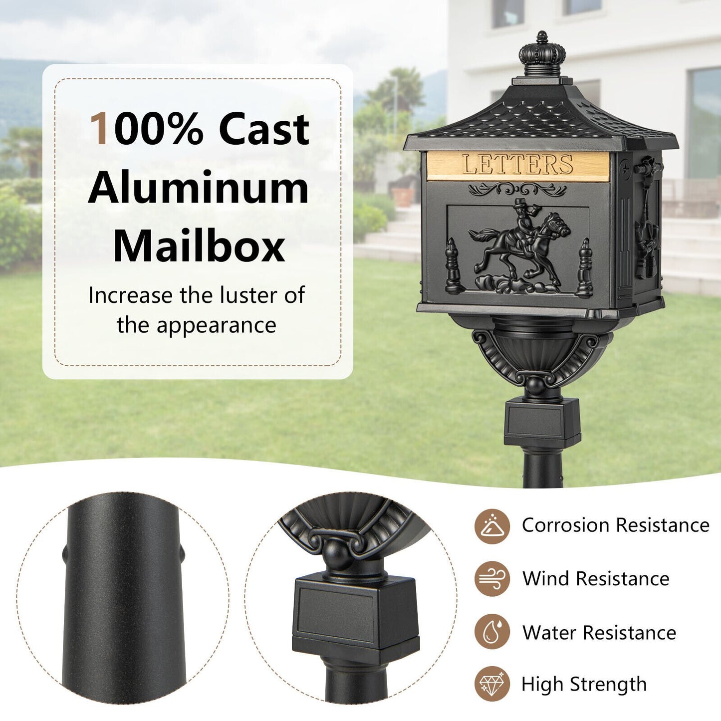 Elegant Retro Cast Aluminum Lockable Mailbox with Baffle Door for Secure Letter Delivery - Black