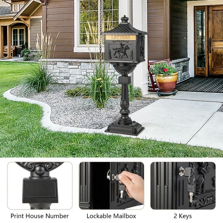 Elegant Retro Cast Aluminum Lockable Mailbox with Baffle Door for Secure Letter Delivery - Black
