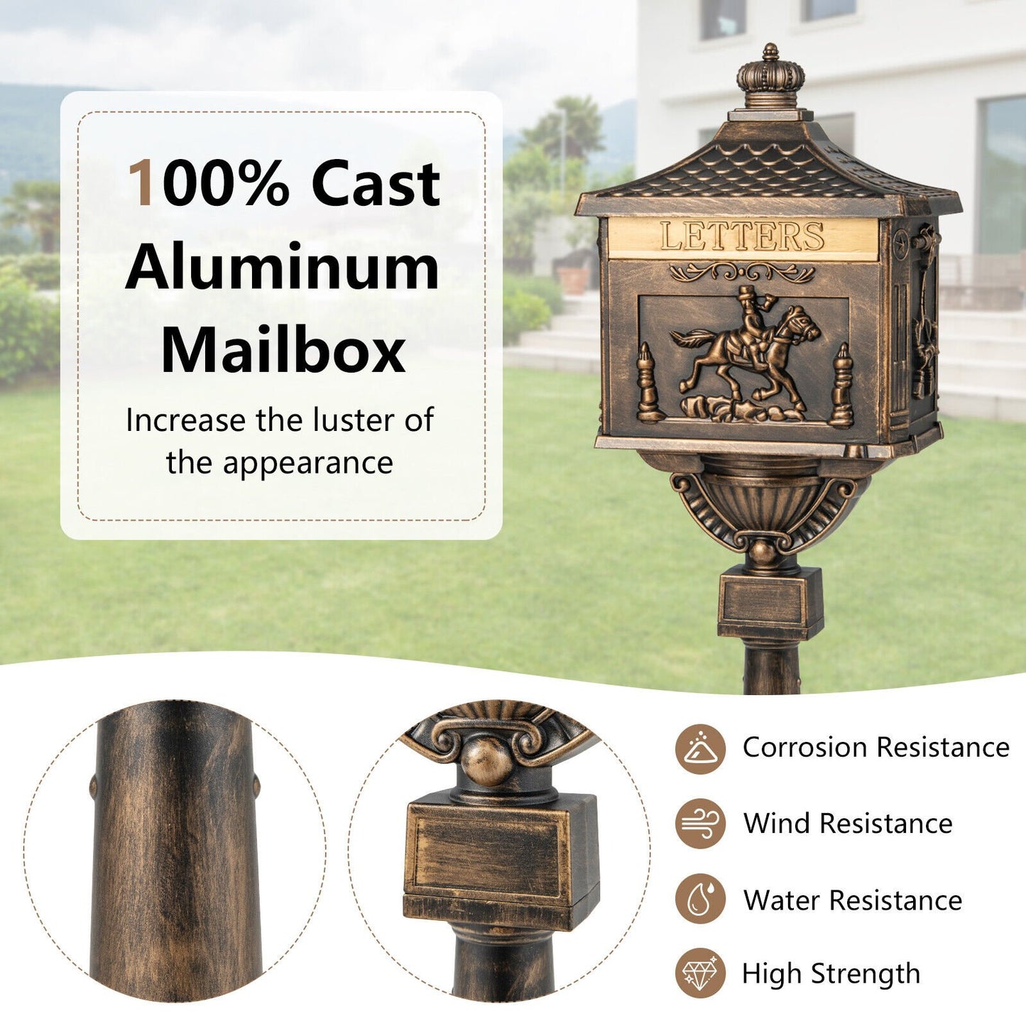 Elegant Retro Cast Aluminum Lockable Mailbox with Baffle Door for Secure Letter Delivery -Bronze