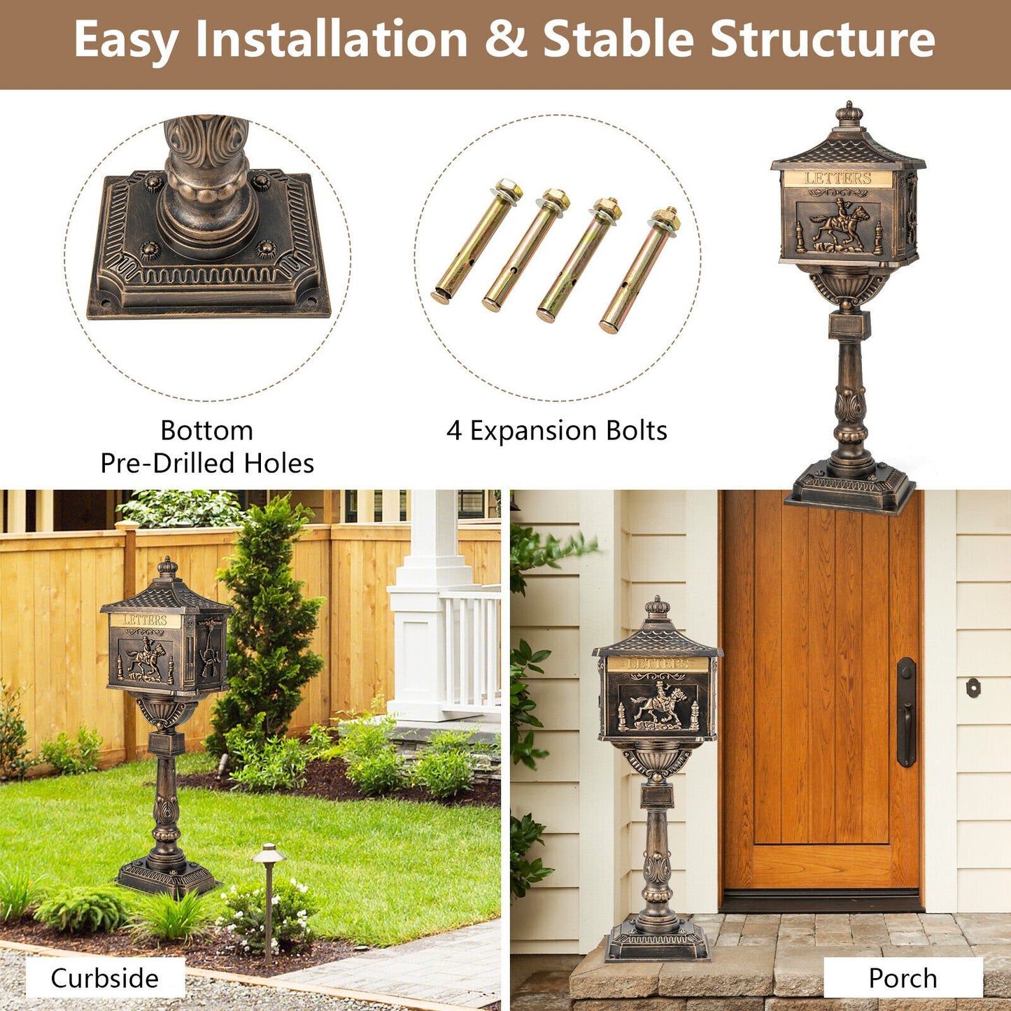 Elegant Retro Cast Aluminum Lockable Mailbox with Baffle Door for Secure Letter Delivery -Bronze
