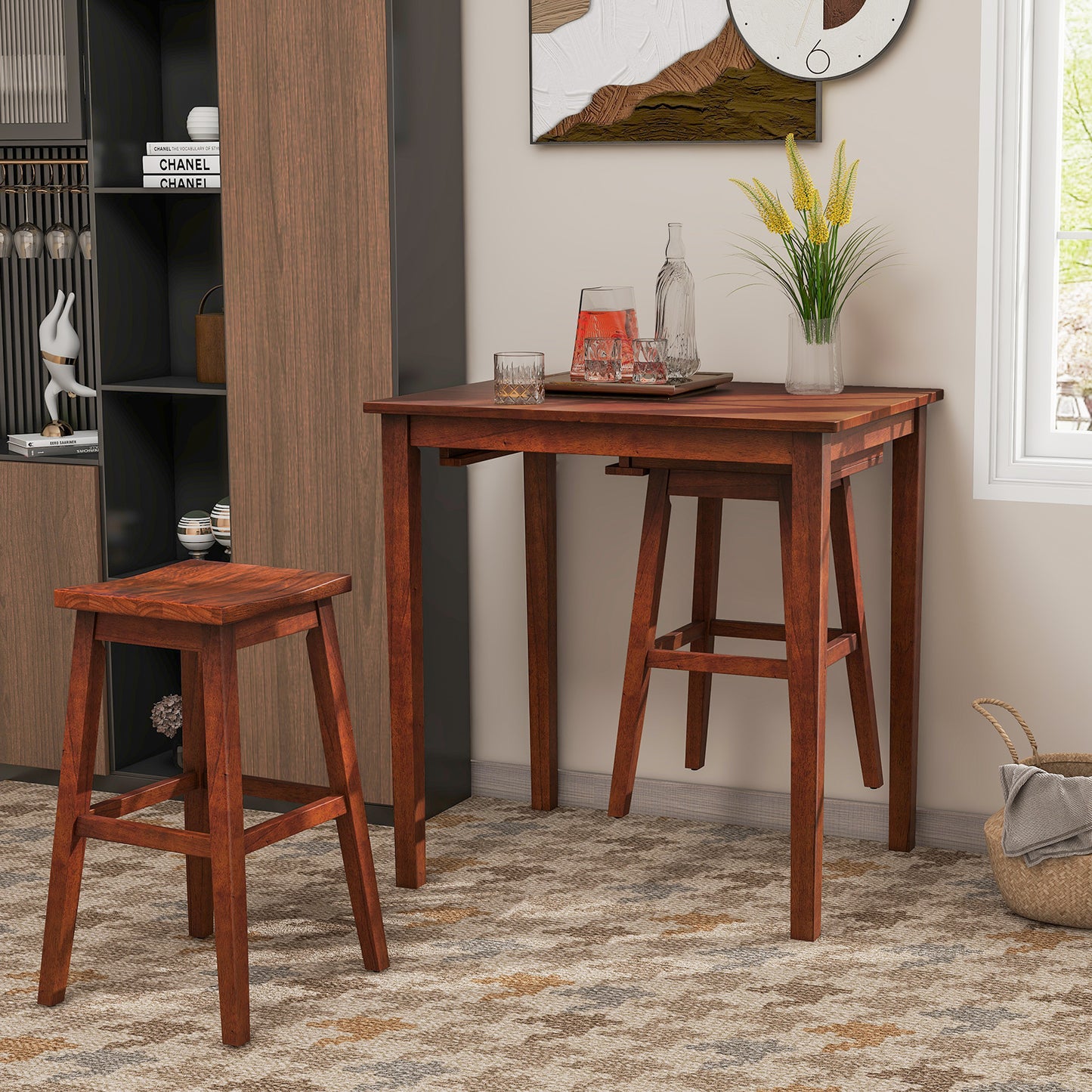 Compact 3 Piece Pub Table Set with Saddle Stools for Kitchen and Breakfast Nook