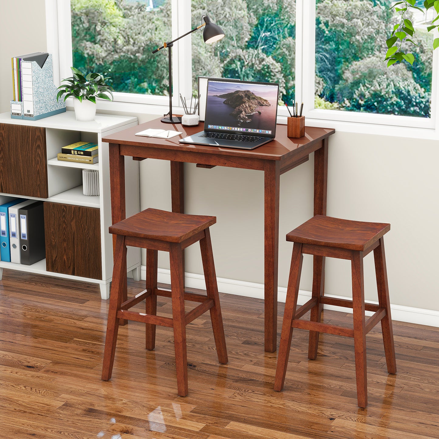 Compact 3 Piece Pub Table Set with Saddle Stools for Kitchen and Breakfast Nook