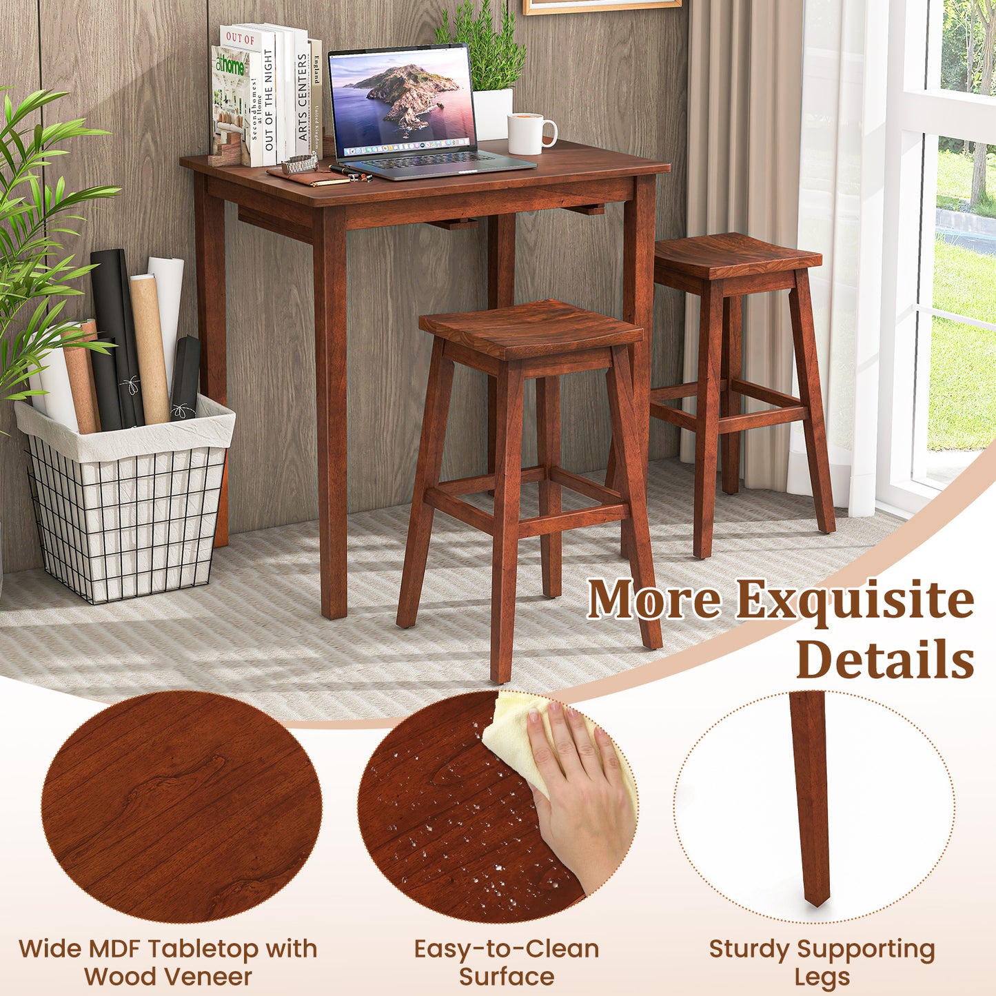 Compact 3 Piece Pub Table Set with Saddle Stools for Kitchen and Breakfast Nook