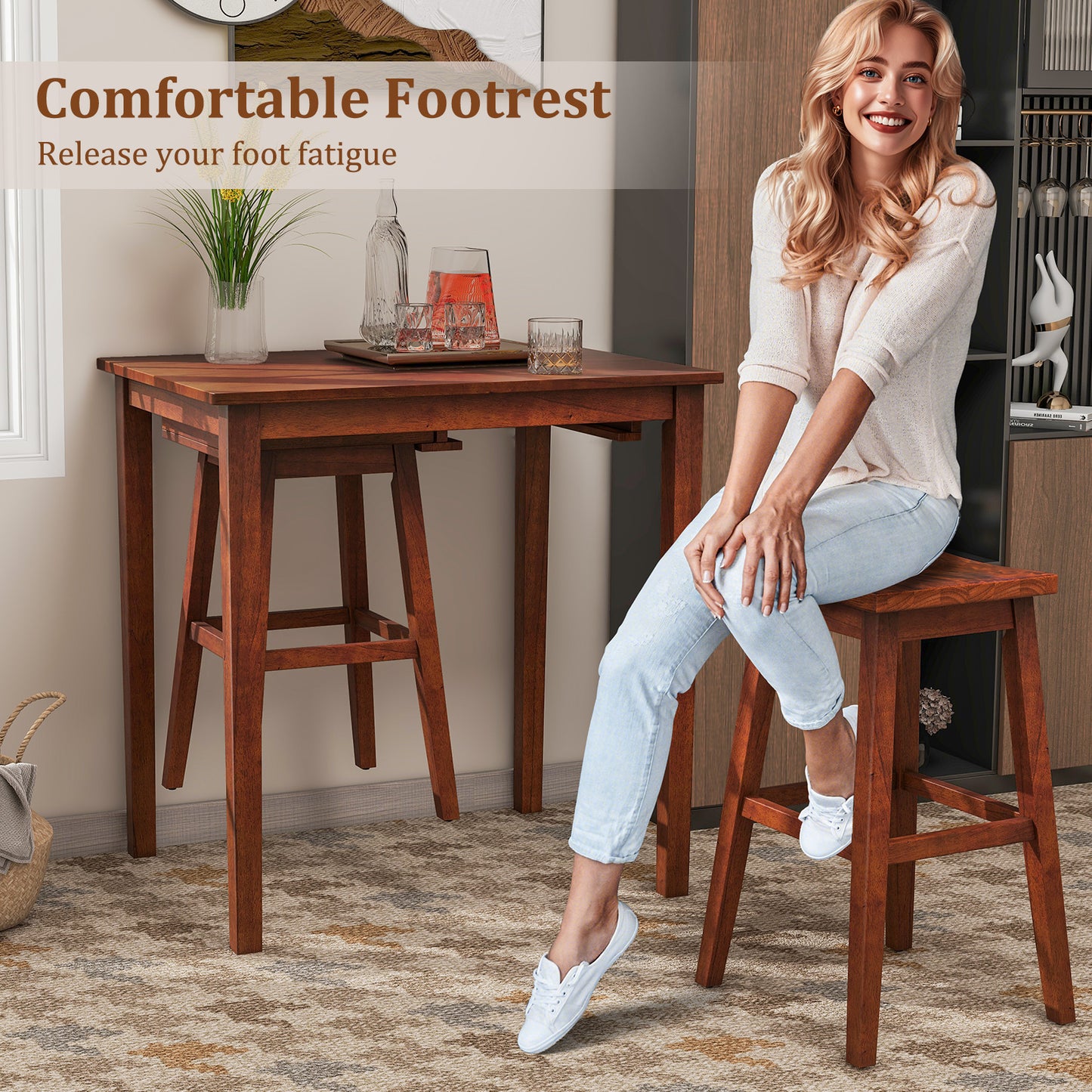 Compact 3 Piece Pub Table Set with Saddle Stools for Kitchen and Breakfast Nook