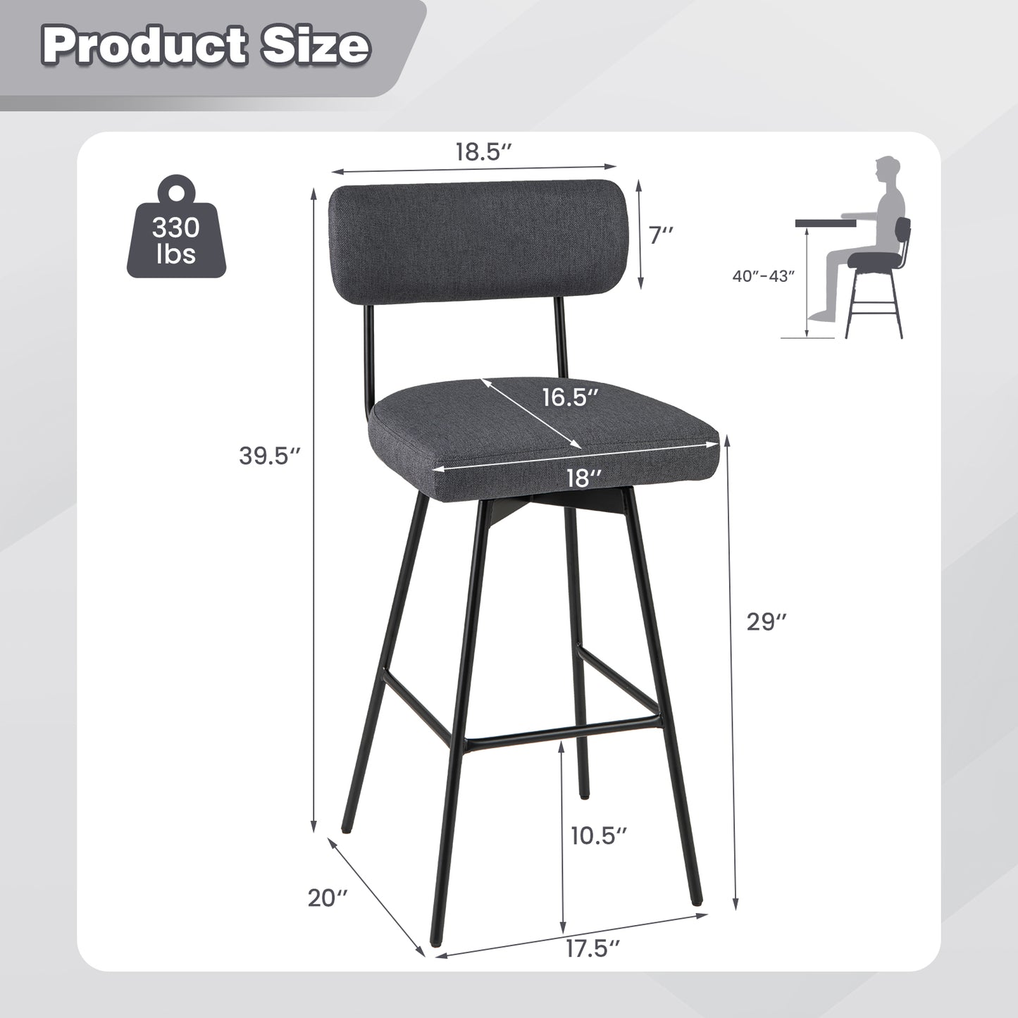 Set of 2 29 Inch Upholstered Swivel Bar Stools with Comfortable Backrest - Grey