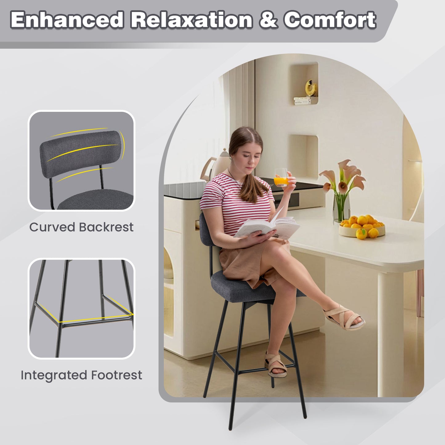 Set of 2 29 Inch Upholstered Swivel Bar Stools with Comfortable Backrest - Grey