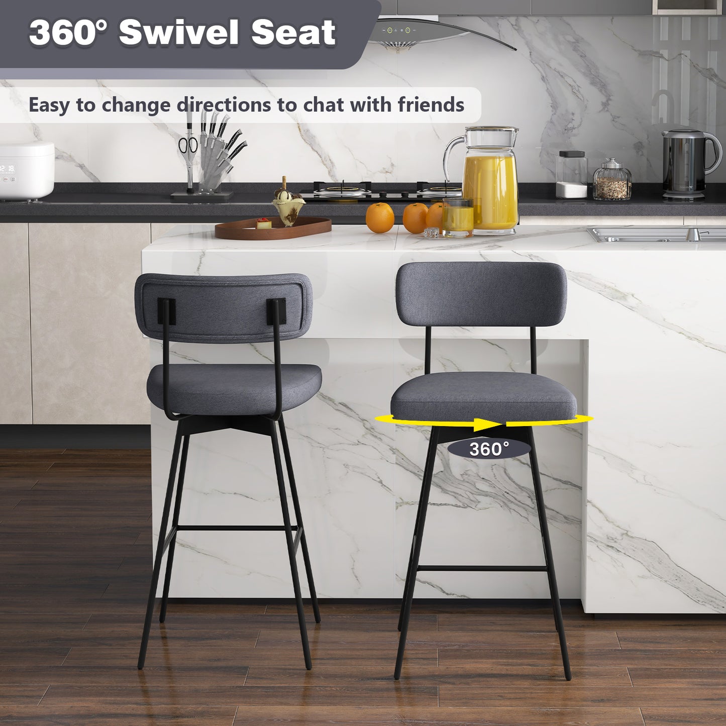 Set of 2 29 Inch Upholstered Swivel Bar Stools with Comfortable Backrest - Grey