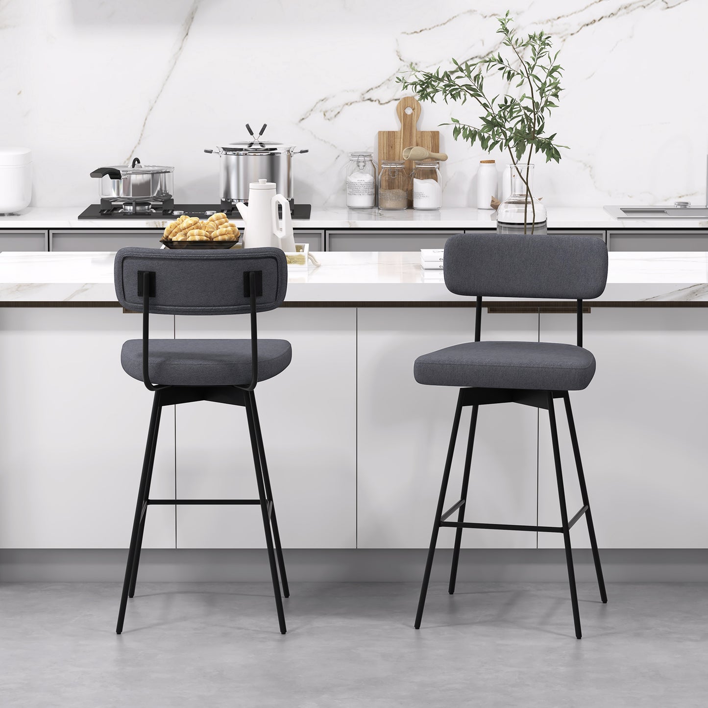 Set of 2 29 Inch Upholstered Swivel Bar Stools with Comfortable Backrest - Grey