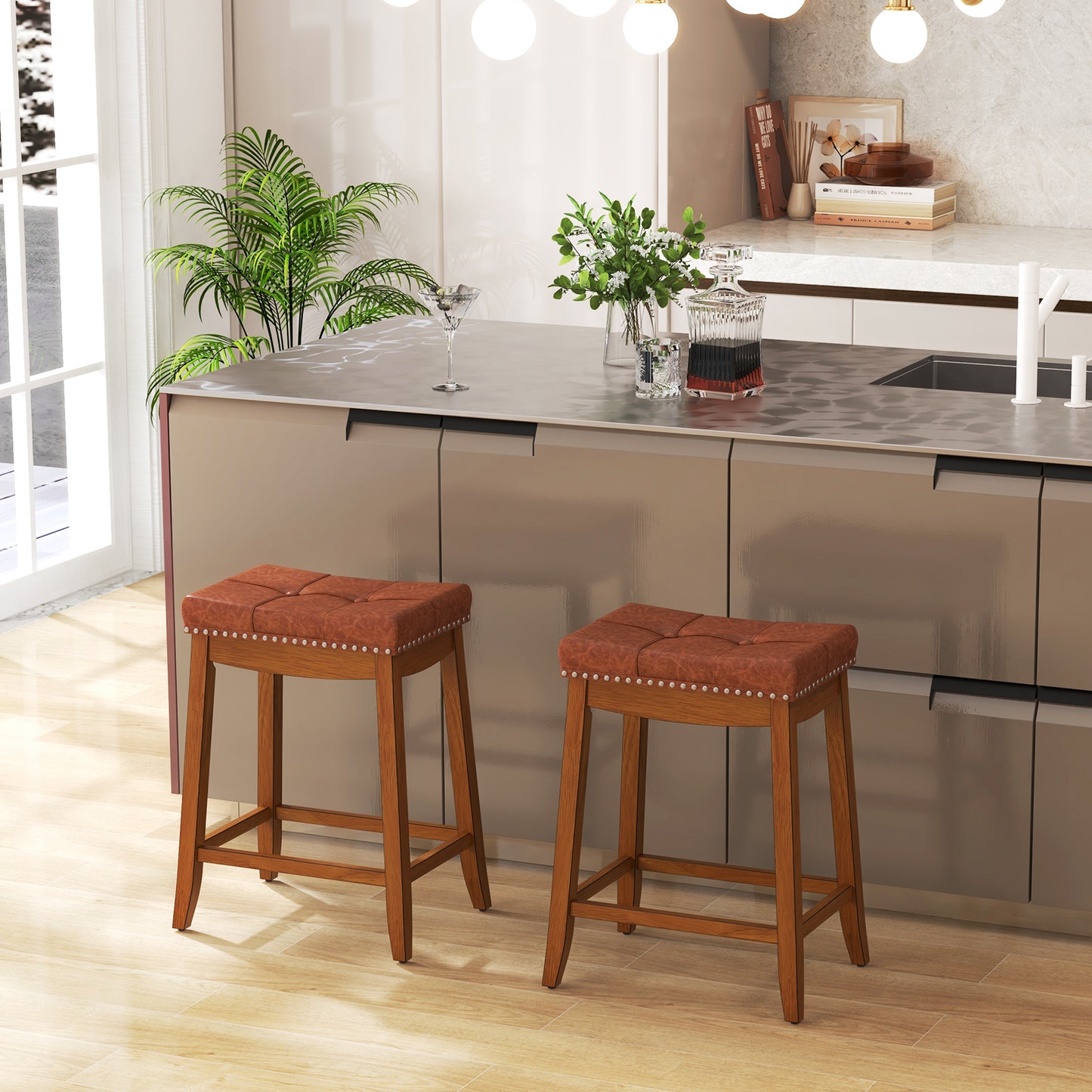 Set of 2 Upholstered PU Leather Bar Stools with Saddle Seat and Rubber Wood Frame - 25 Inch