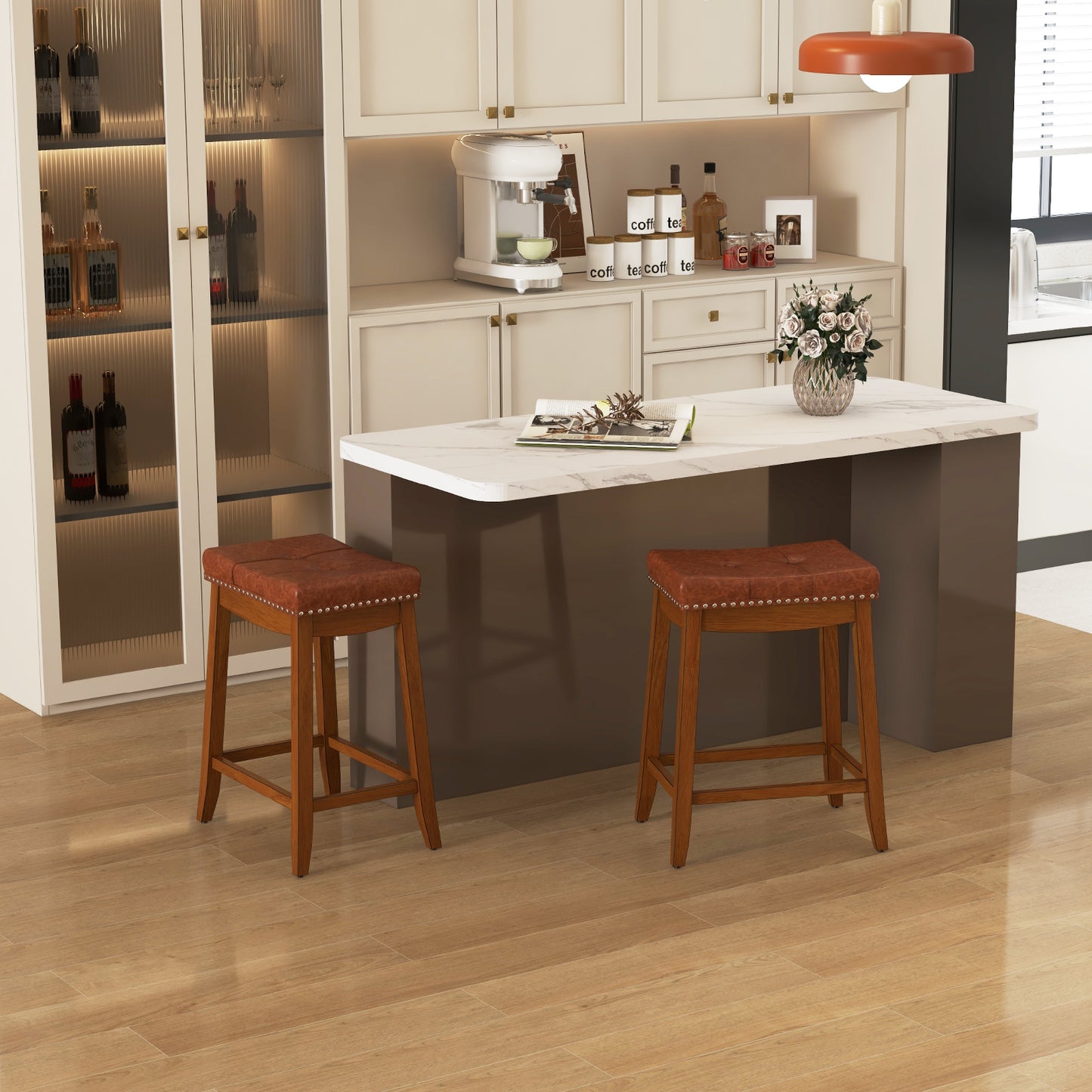 Set of 2 Upholstered PU Leather Bar Stools with Saddle Seat and Rubber Wood Frame - 25 Inch