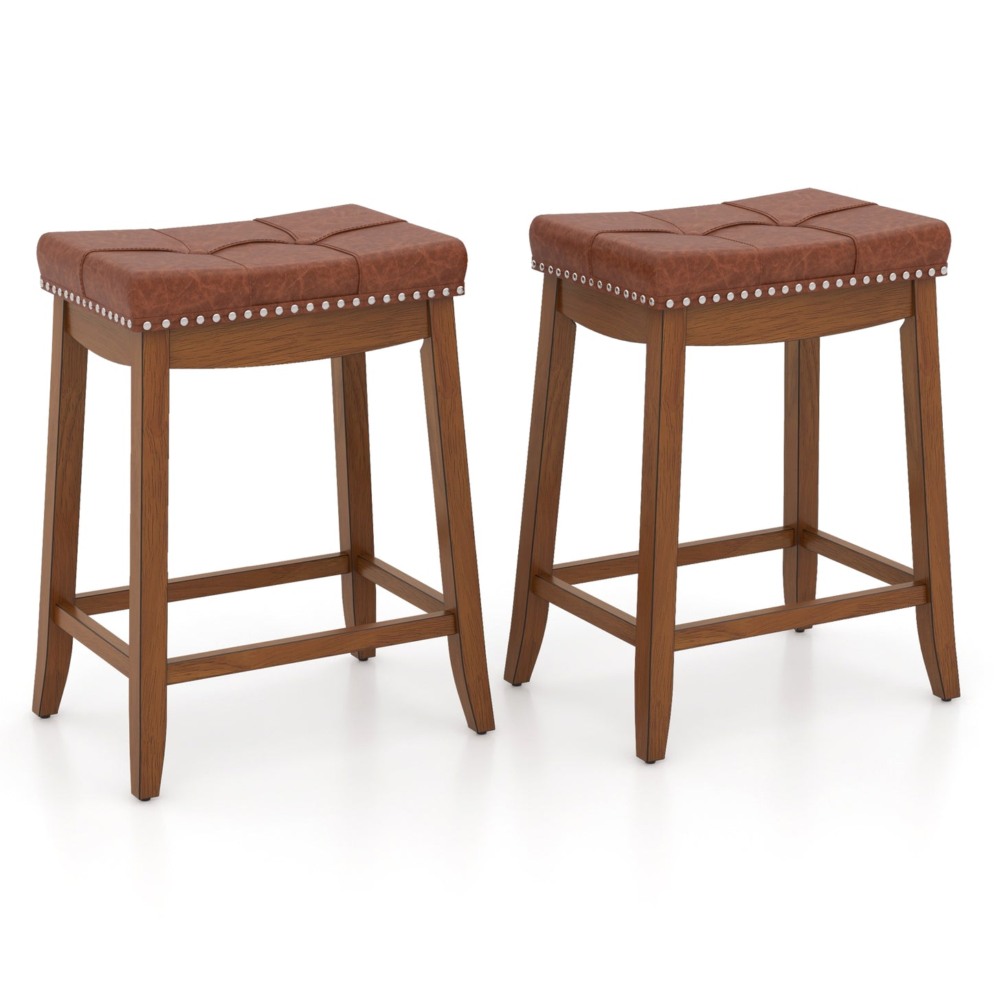 Set of 2 Upholstered PU Leather Bar Stools with Saddle Seat and Rubber Wood Frame - 25 Inch