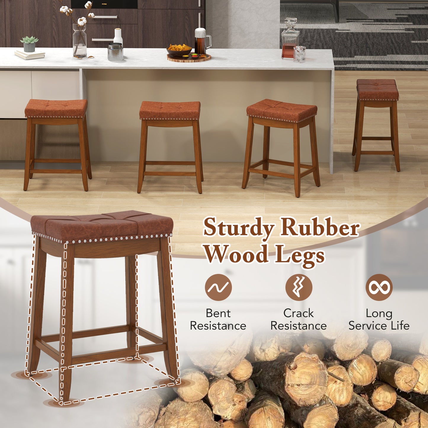 Set of 2 Upholstered PU Leather Bar Stools with Saddle Seat and Rubber Wood Frame - 25 Inch