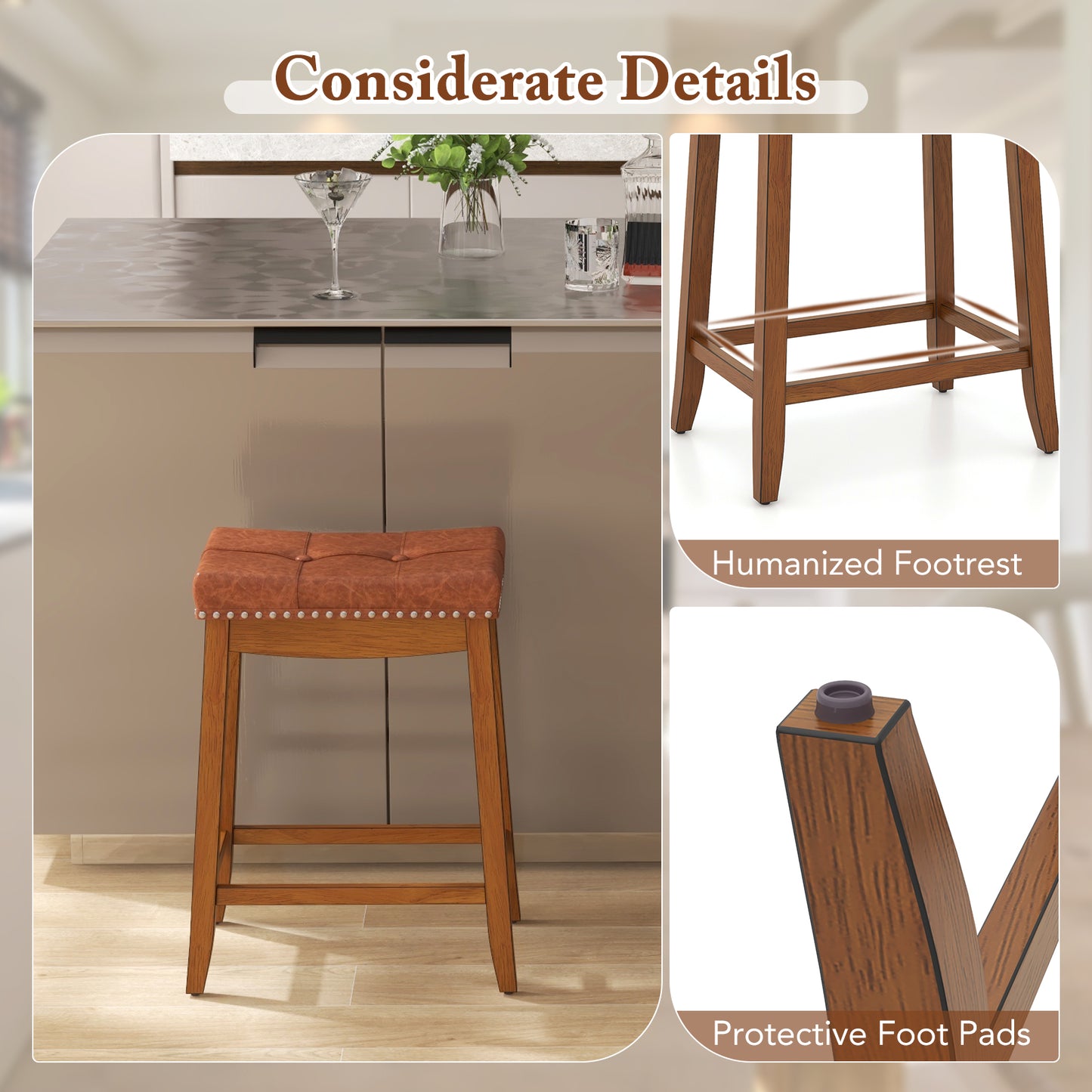 Set of 2 Upholstered PU Leather Bar Stools with Saddle Seat and Rubber Wood Frame - 25 Inch
