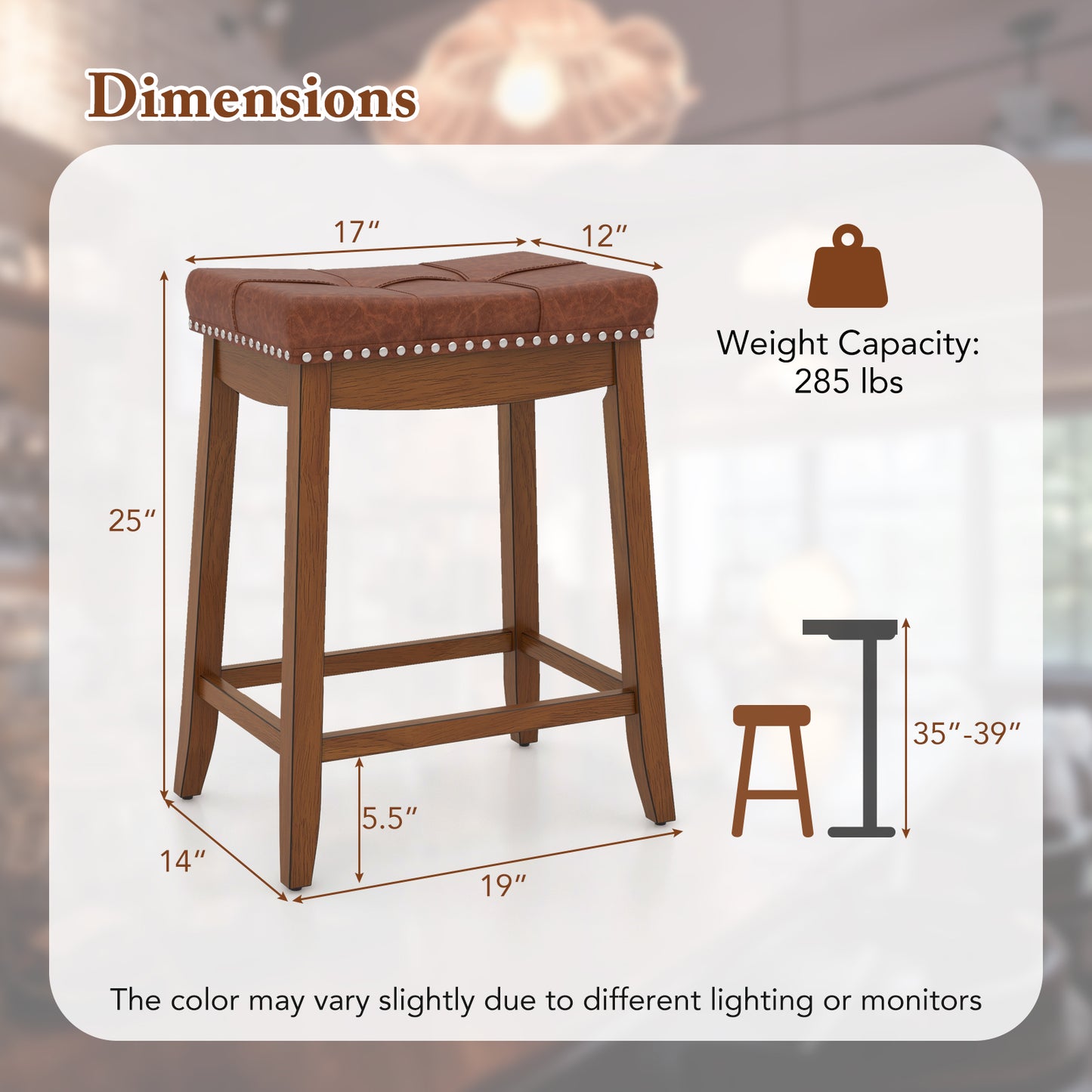 Set of 2 Upholstered PU Leather Bar Stools with Saddle Seat and Rubber Wood Frame - 25 Inch