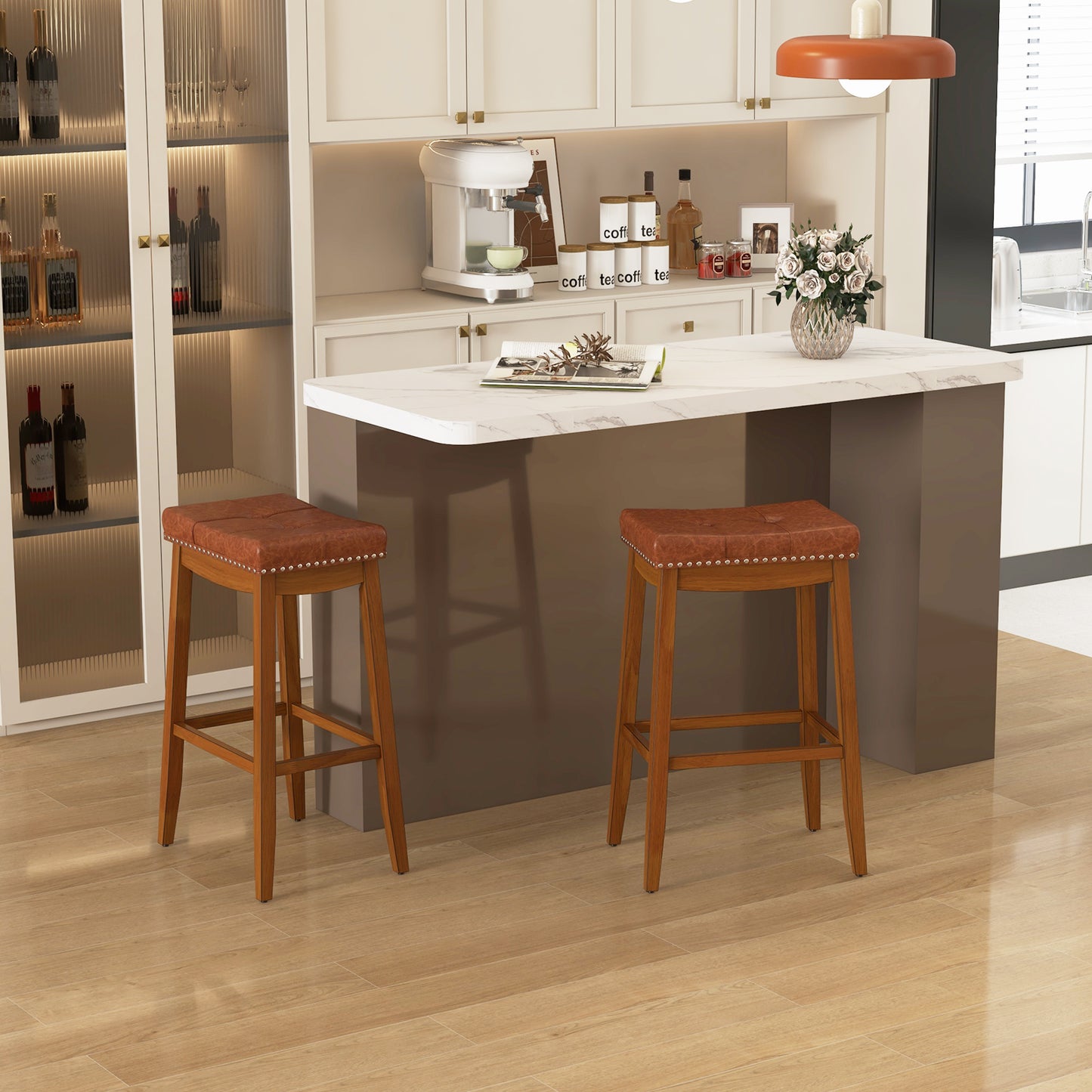 Set of 2 Upholstered PU Leather Bar Stools with Saddle Seat and Rubber Wood Frame - 29 inch