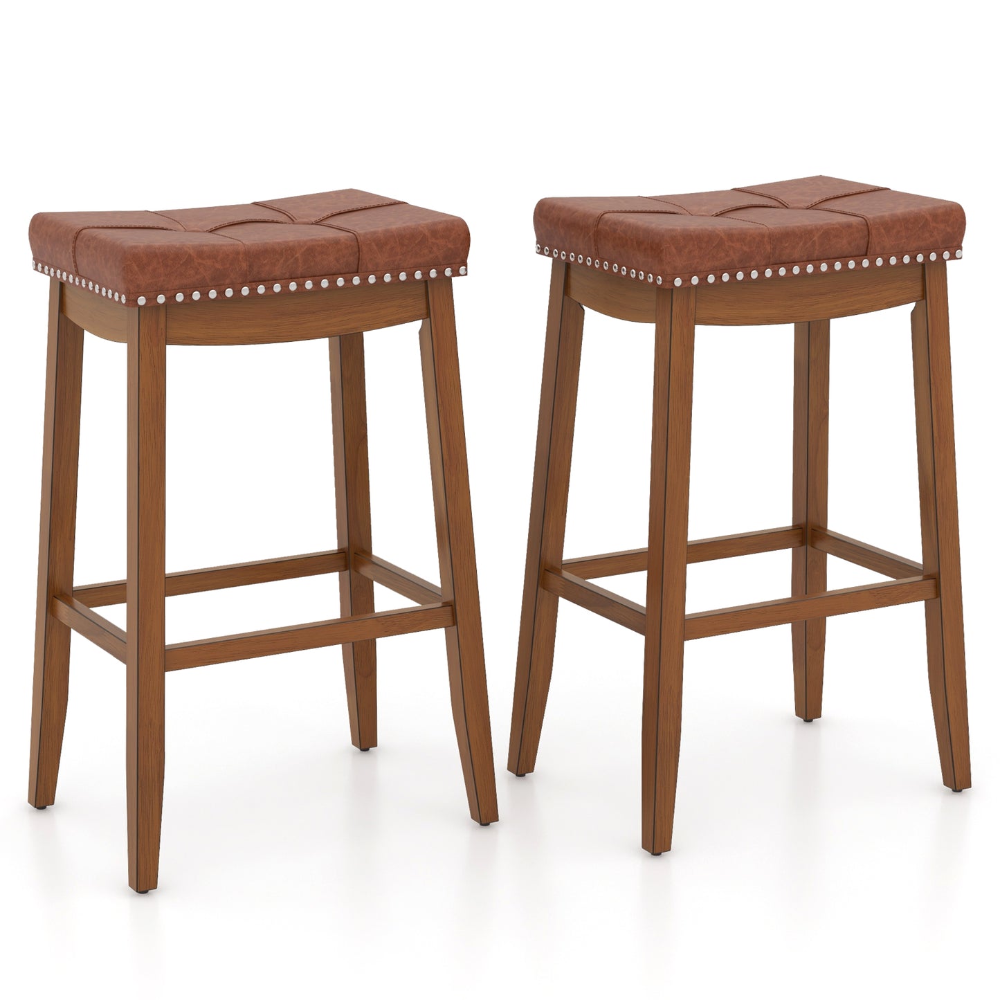 Set of 2 Upholstered PU Leather Bar Stools with Saddle Seat and Rubber Wood Frame - 29 inch