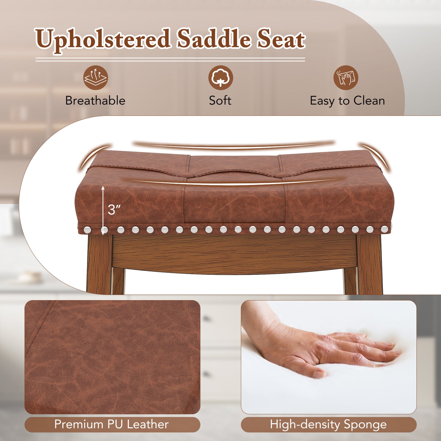 Set of 2 Upholstered PU Leather Bar Stools with Saddle Seat and Rubber Wood Frame - 29 inch
