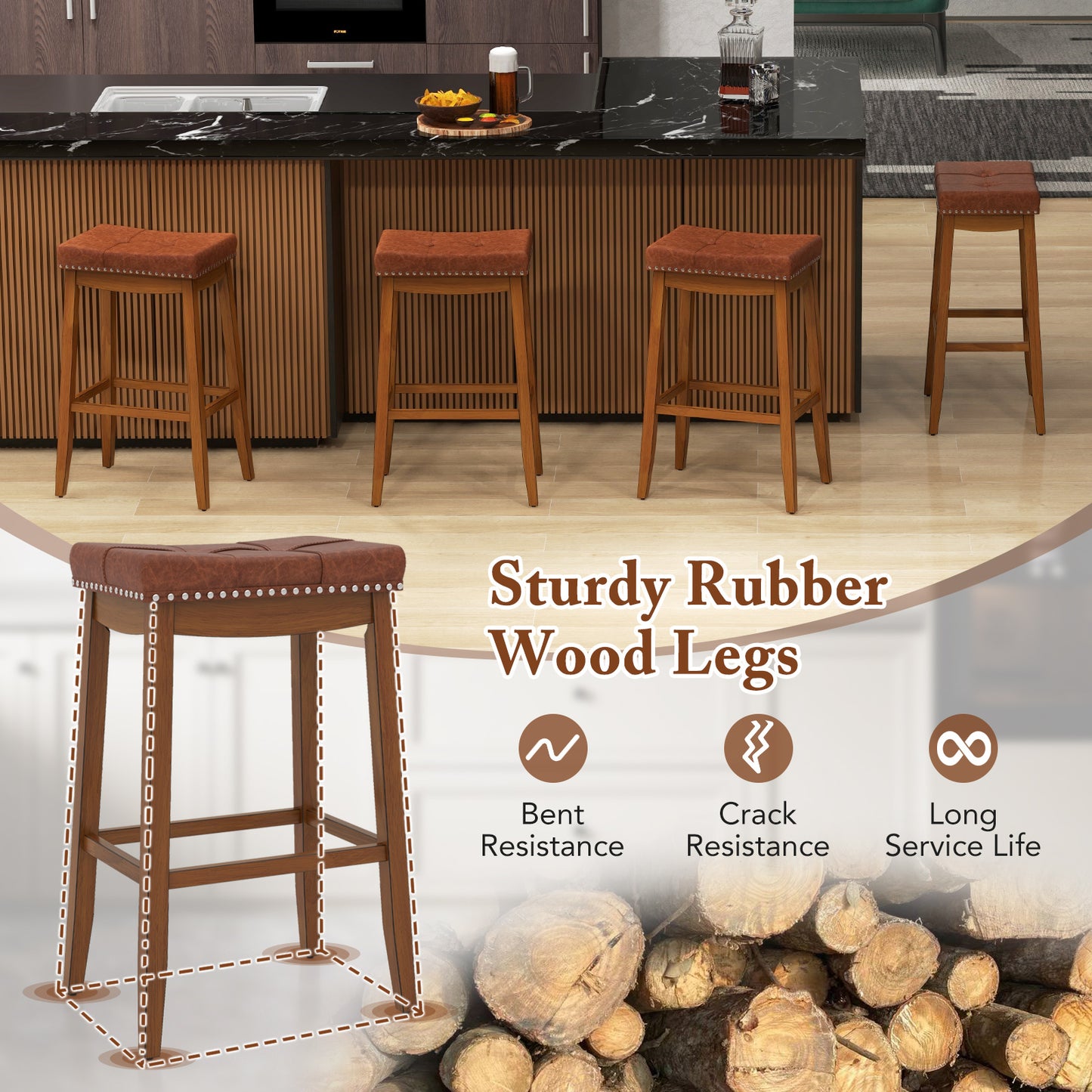 Set of 2 Upholstered PU Leather Bar Stools with Saddle Seat and Rubber Wood Frame - 29 inch