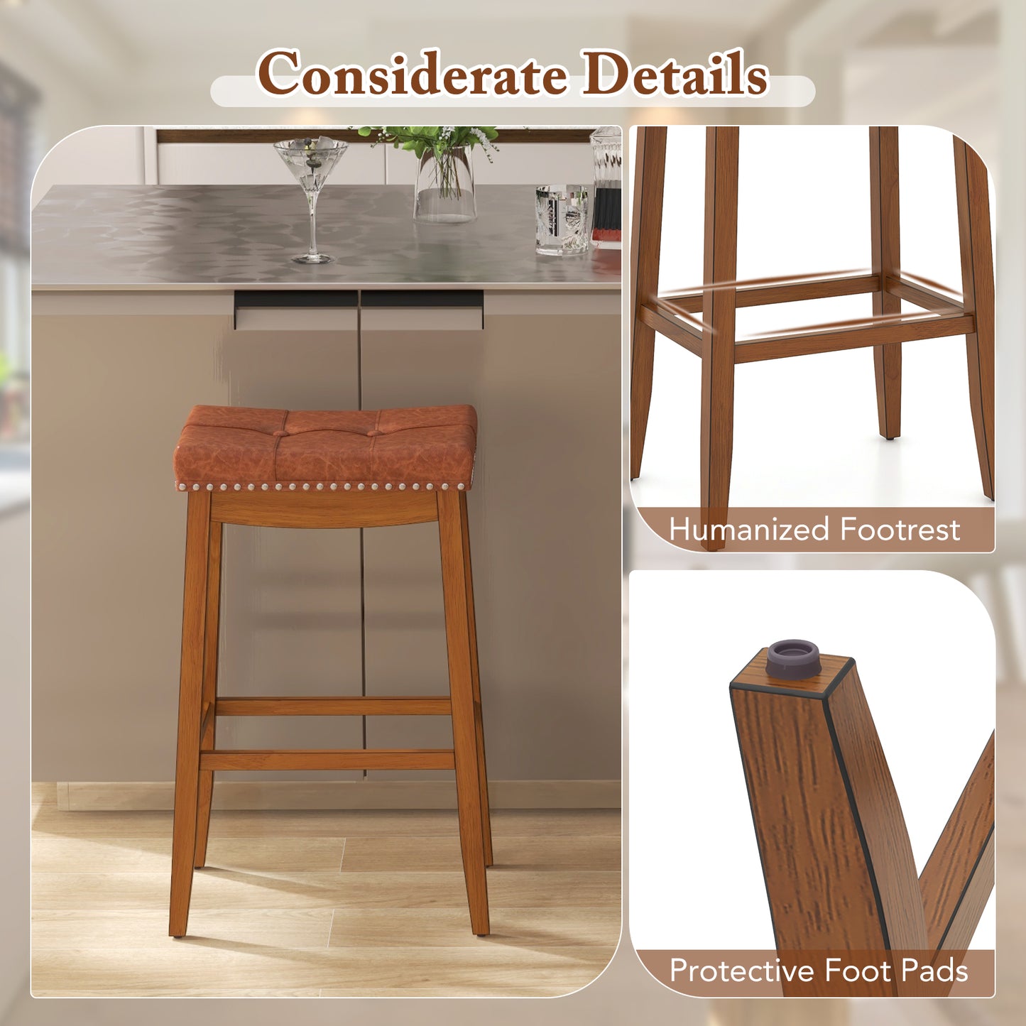 Set of 2 Upholstered PU Leather Bar Stools with Saddle Seat and Rubber Wood Frame - 29 inch