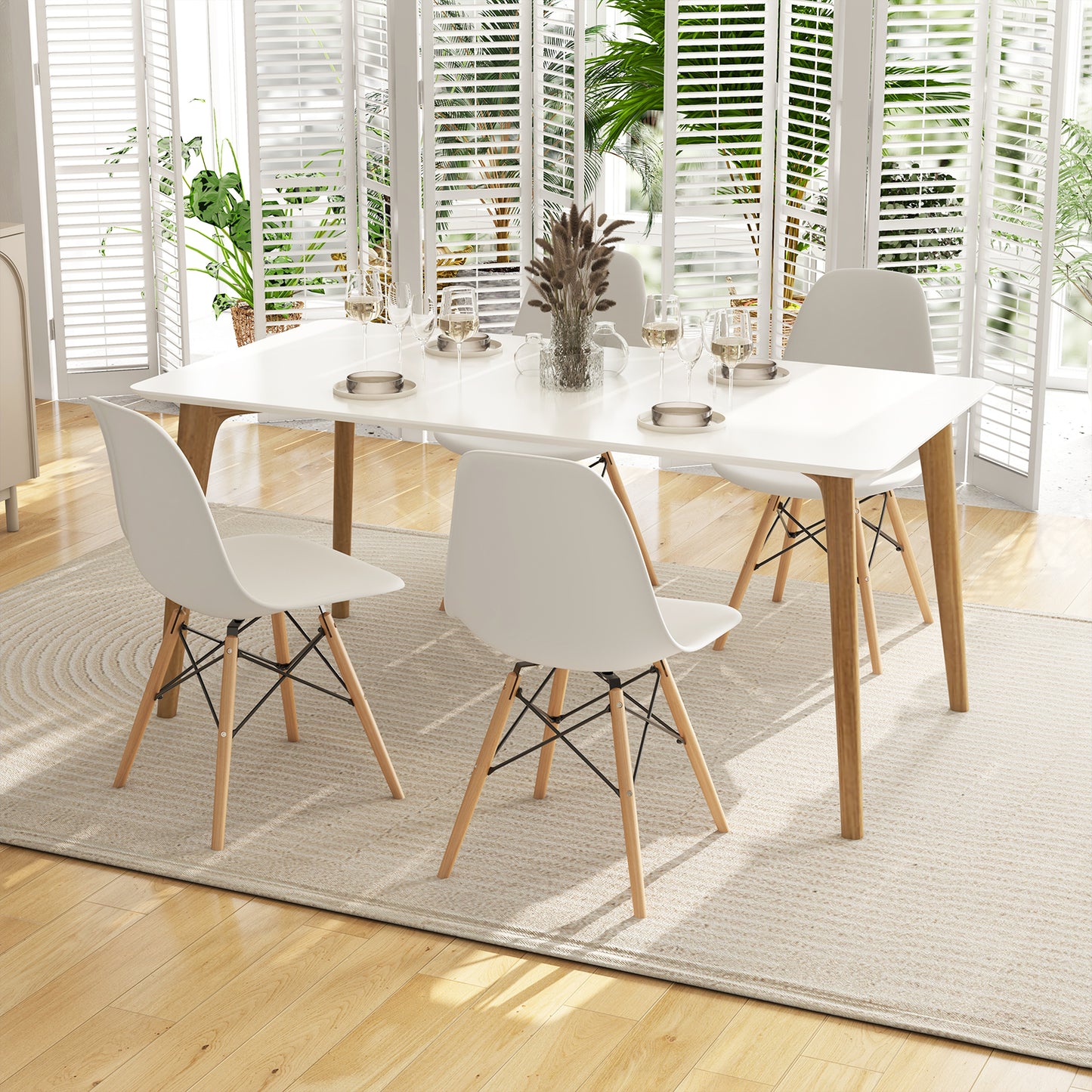 Mid-Century Modern Dining Chairs with Wooden Legs White, Set of 4