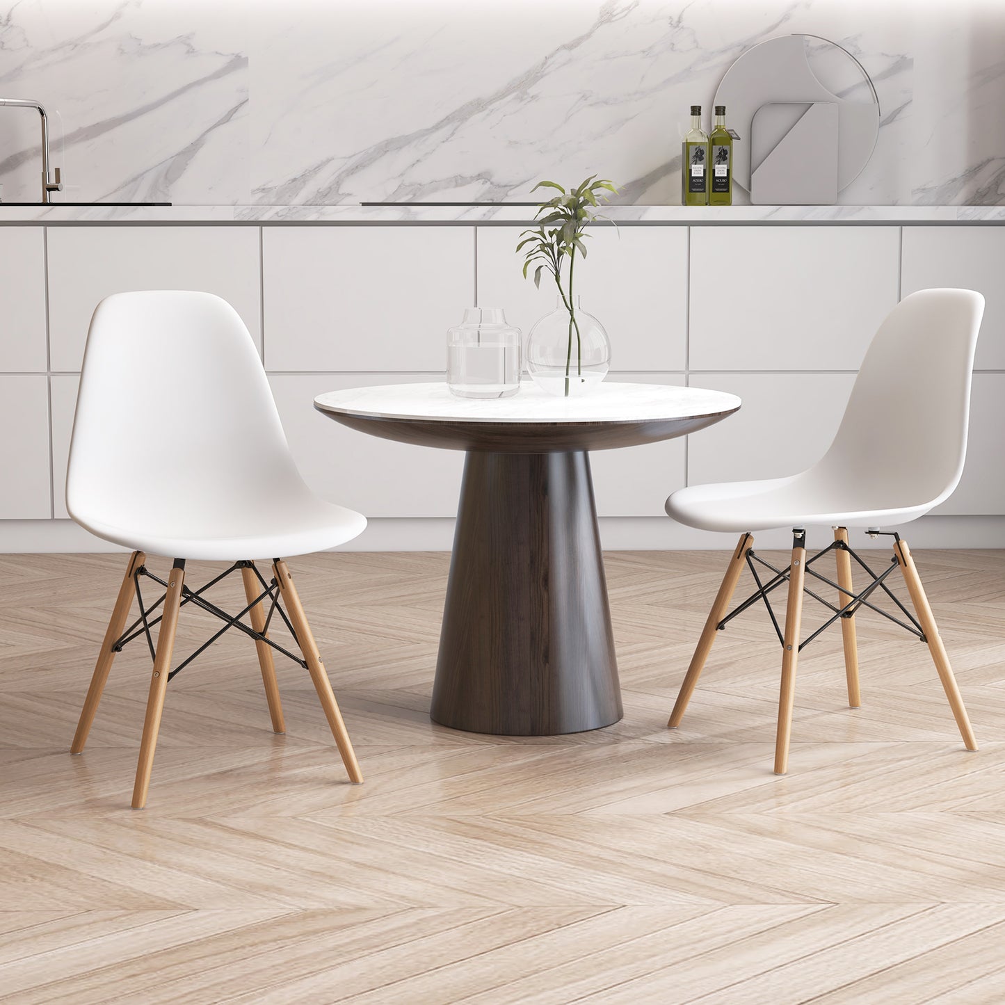 Mid-Century Modern Dining Chairs with Wooden Legs White, Set of 4