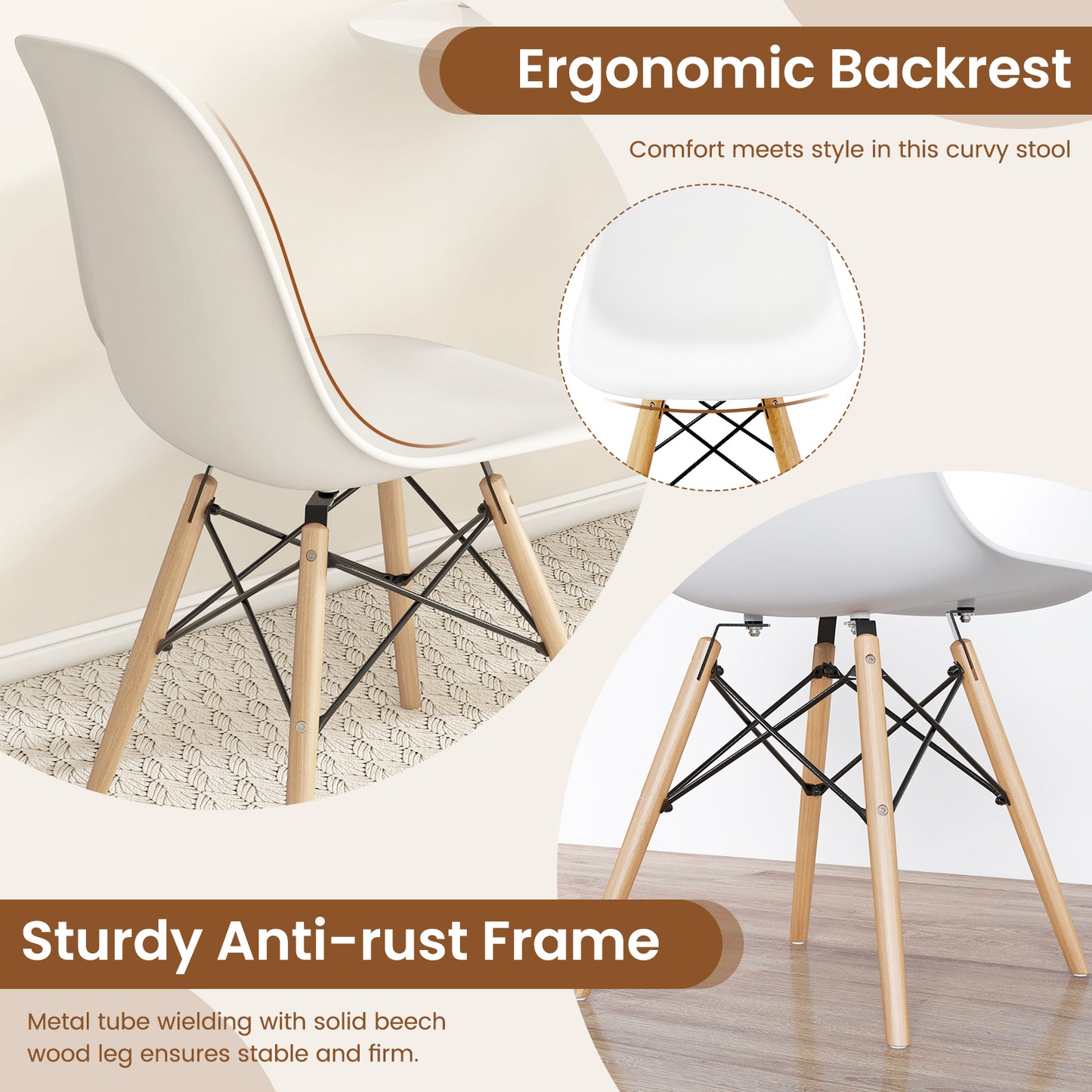 Mid-Century Modern Dining Chairs with Wooden Legs White, Set of 4