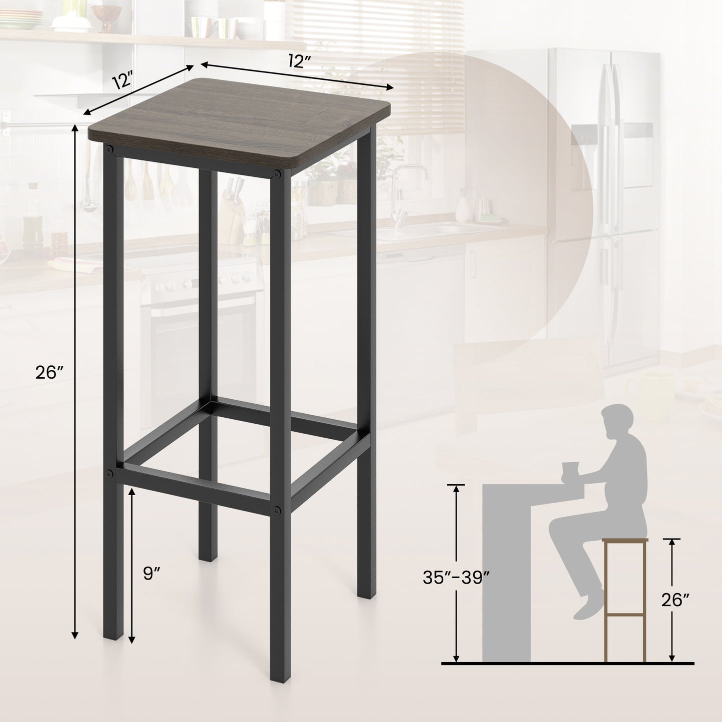 Bar Stool Set of 4 with Metal Legs, Footrest and 26 Inch Seat Height, Grey