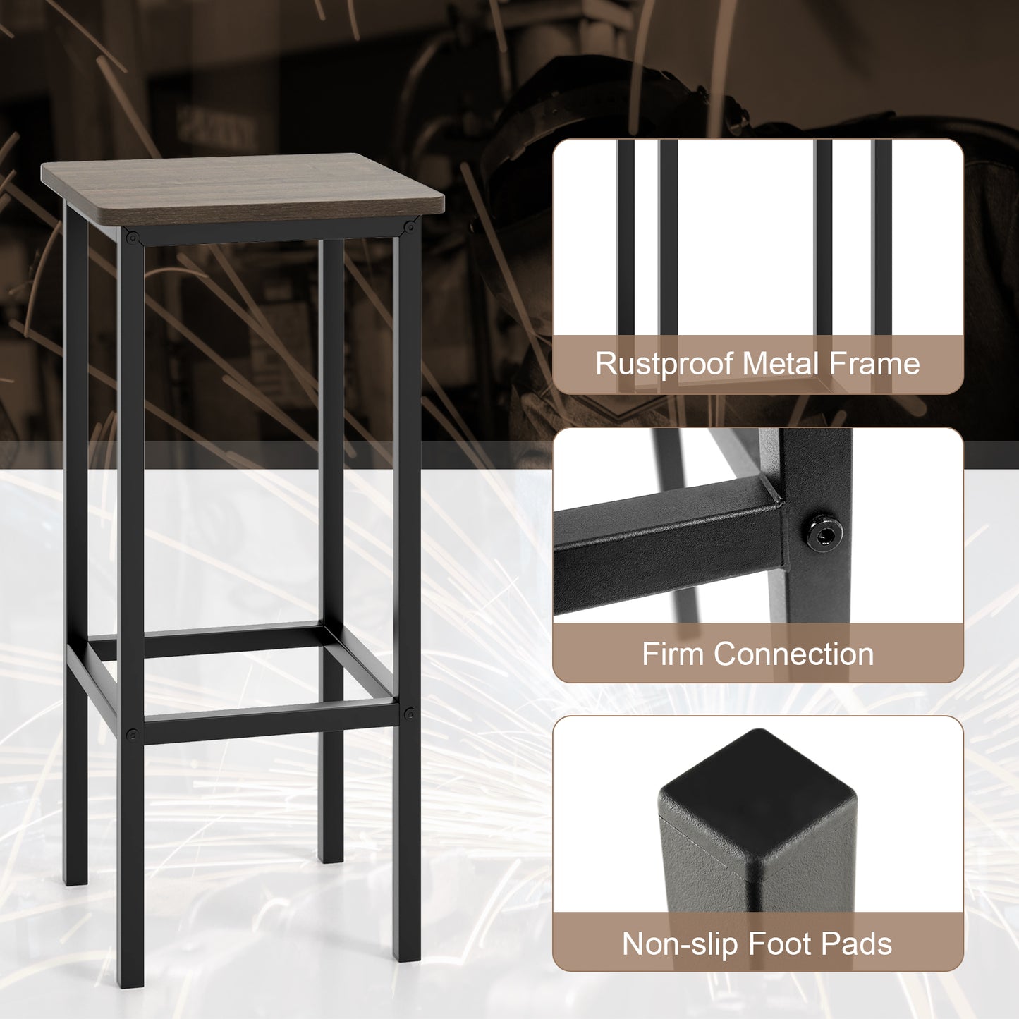 Bar Stool Set of 4 with Metal Legs, Footrest and 26 Inch Seat Height, Grey