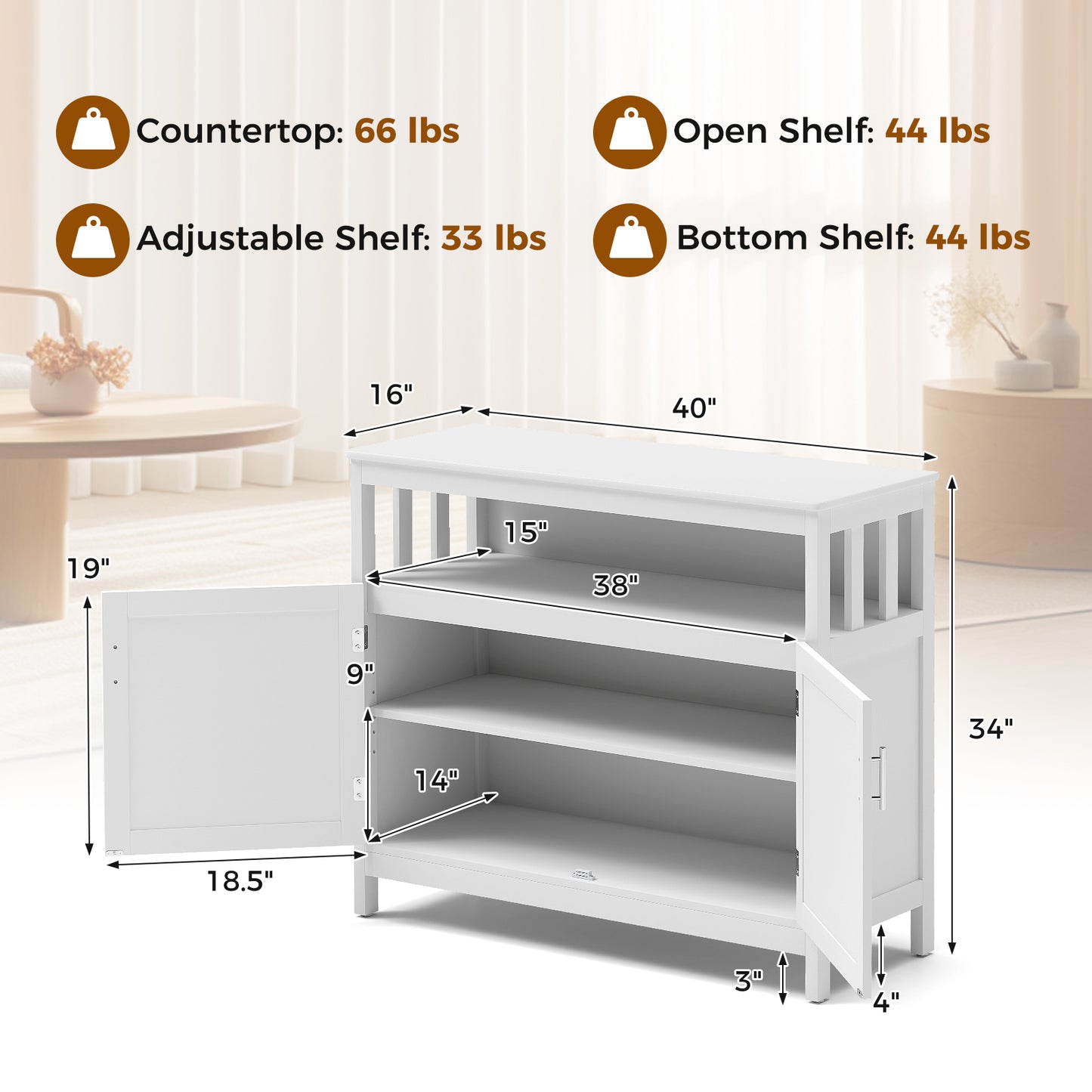 Kitchen Sideboard Buffet Cabinet with Adjustable Shelf and Double Doors for Dining Storage - White