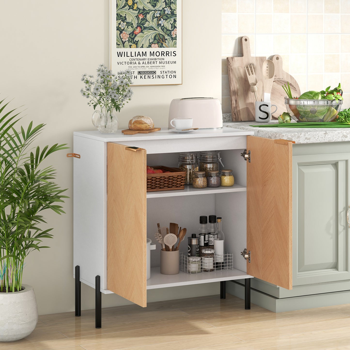 Modern 2-Door Buffet Sideboard with Adjustable Shelf and Metal Legs - White & Natural Wood