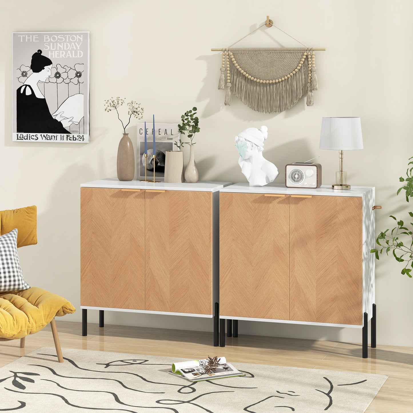 Modern 2-Door Buffet Sideboard with Adjustable Shelf and Metal Legs - White & Natural Wood