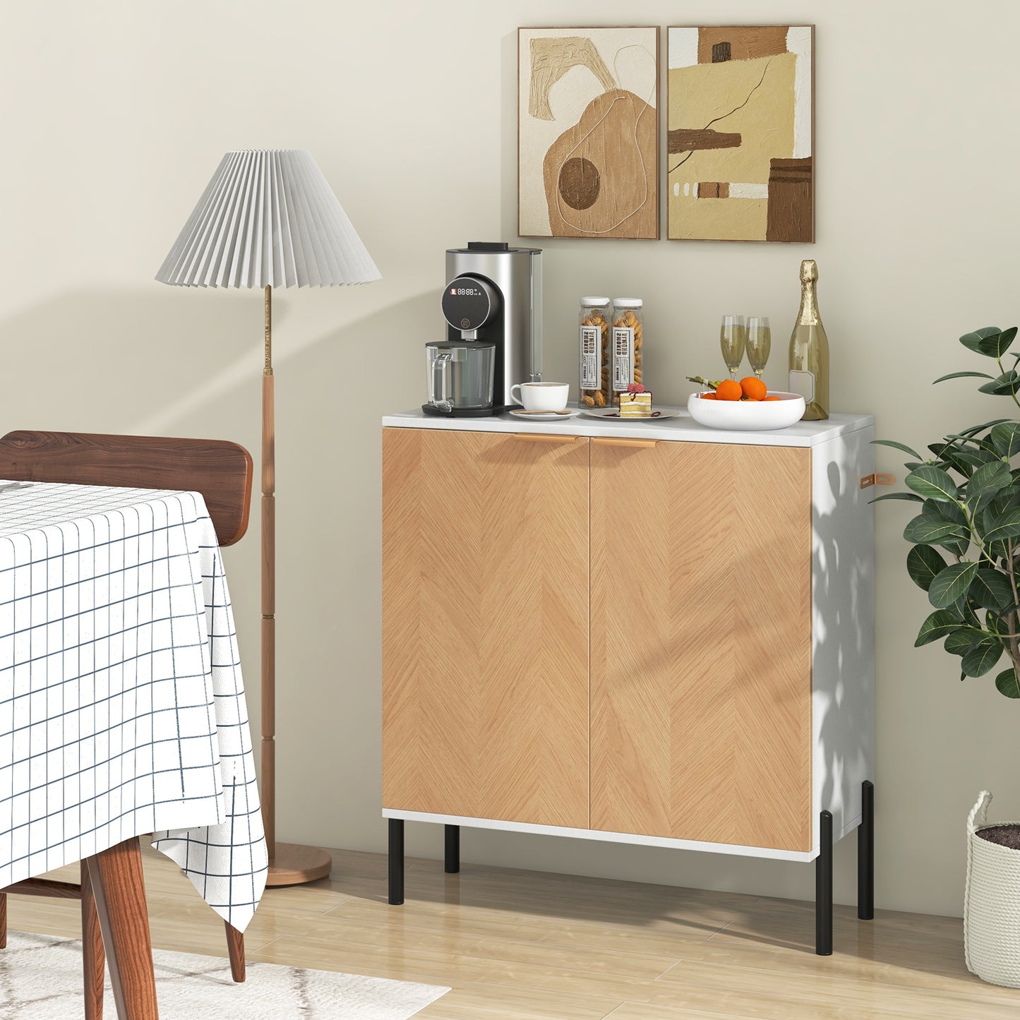 Modern 2-Door Buffet Sideboard with Adjustable Shelf and Metal Legs - White & Natural Wood