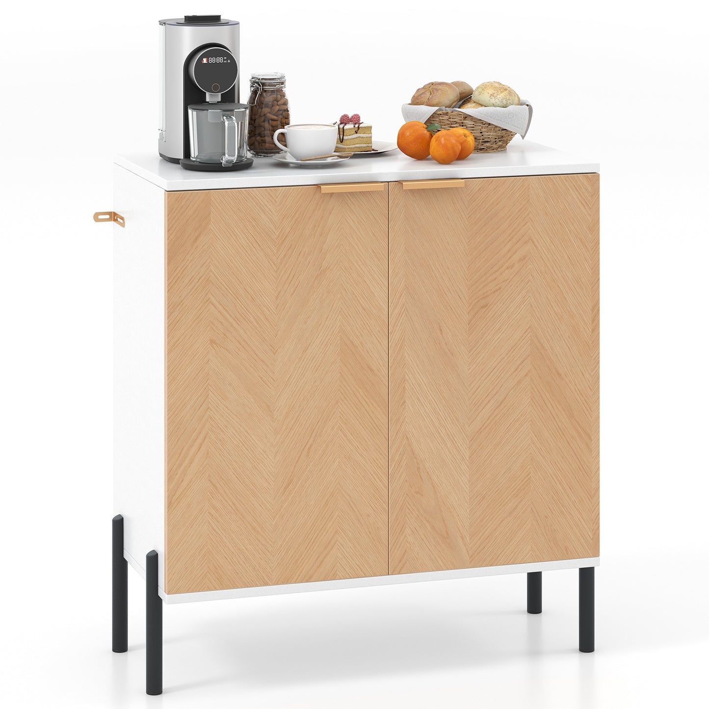 Modern 2-Door Buffet Sideboard with Adjustable Shelf and Metal Legs - White & Natural Wood
