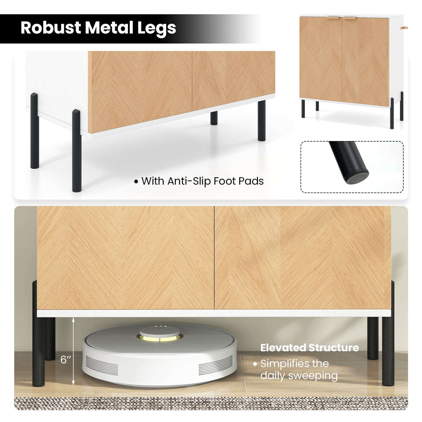 Modern 2-Door Buffet Sideboard with Adjustable Shelf and Metal Legs - White & Natural Wood