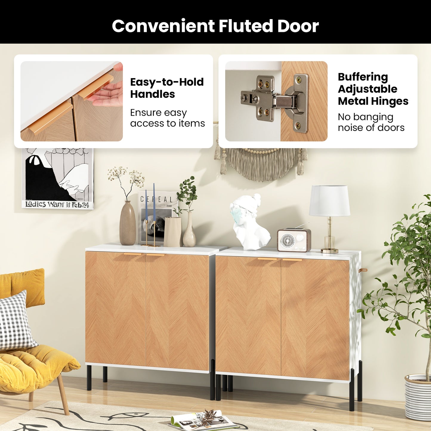 Modern 2-Door Buffet Sideboard with Adjustable Shelf and Metal Legs - White & Natural Wood