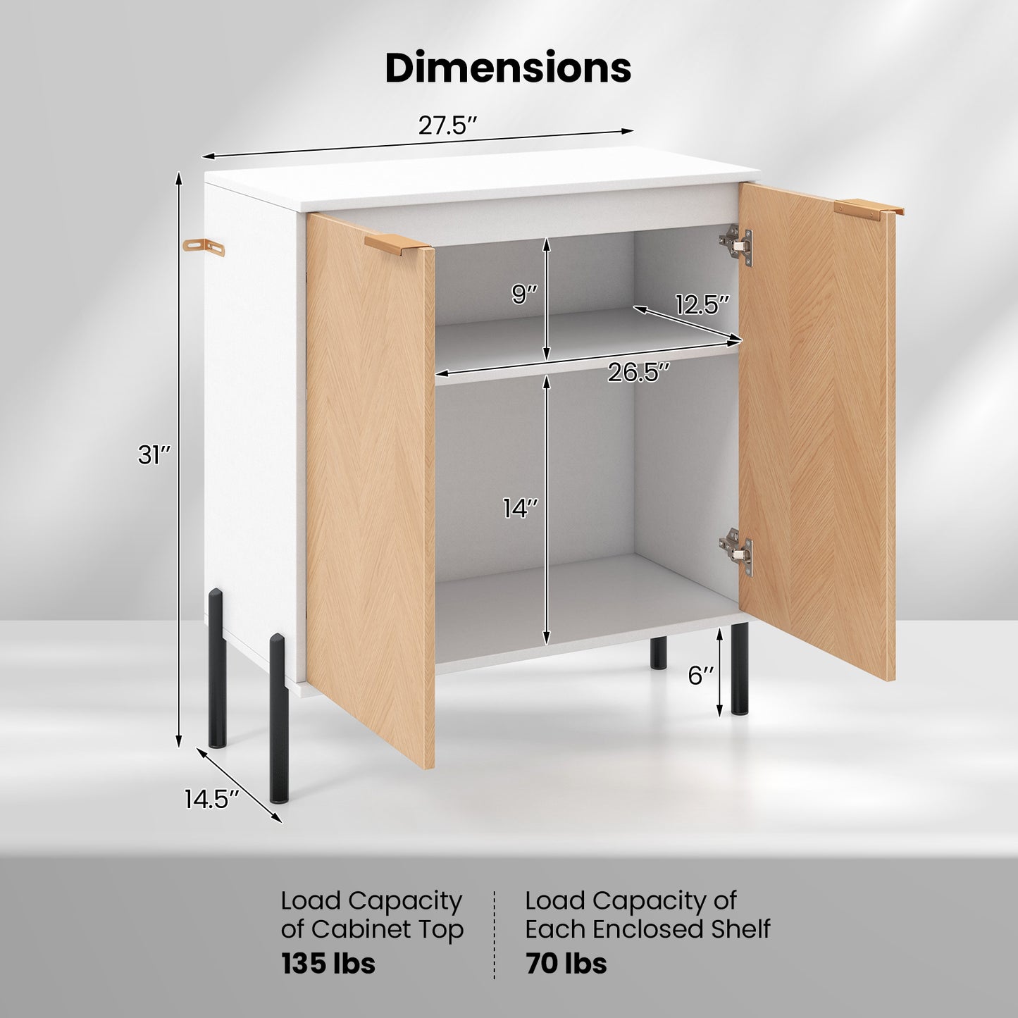 Modern 2-Door Buffet Sideboard with Adjustable Shelf and Metal Legs - White & Natural Wood