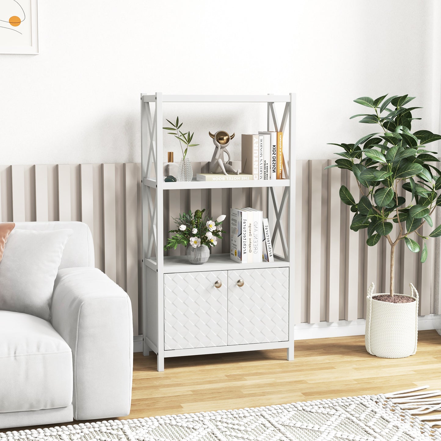 Elegant Freestanding Storage Cabinet with X-Shaped Bars and Double Door
