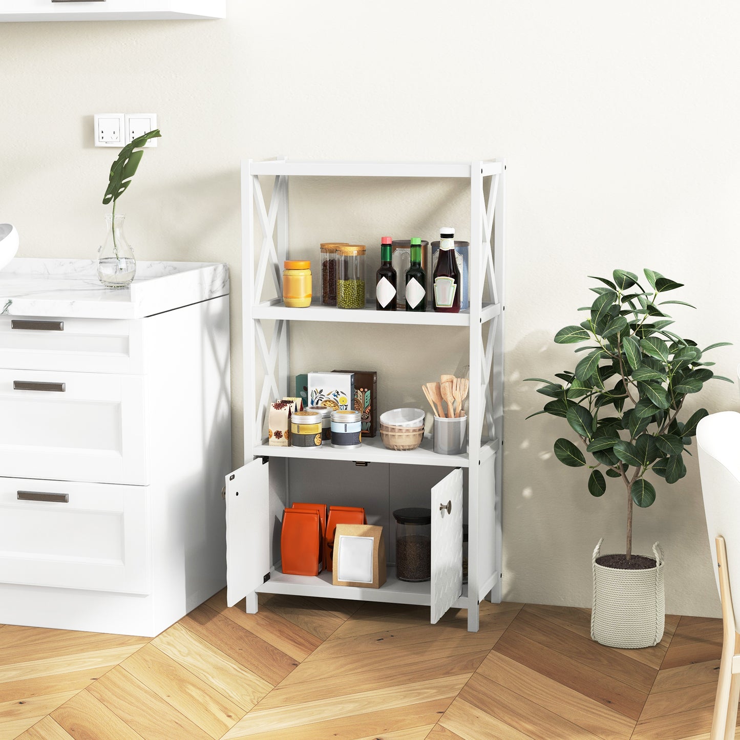 Elegant Freestanding Storage Cabinet with X-Shaped Bars and Double Door