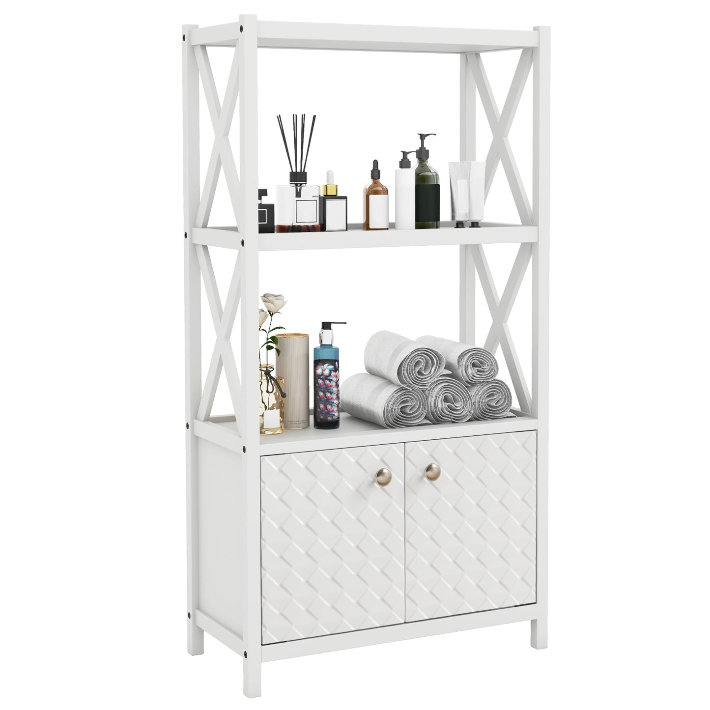 Elegant Freestanding Storage Cabinet with X-Shaped Bars and Double Door